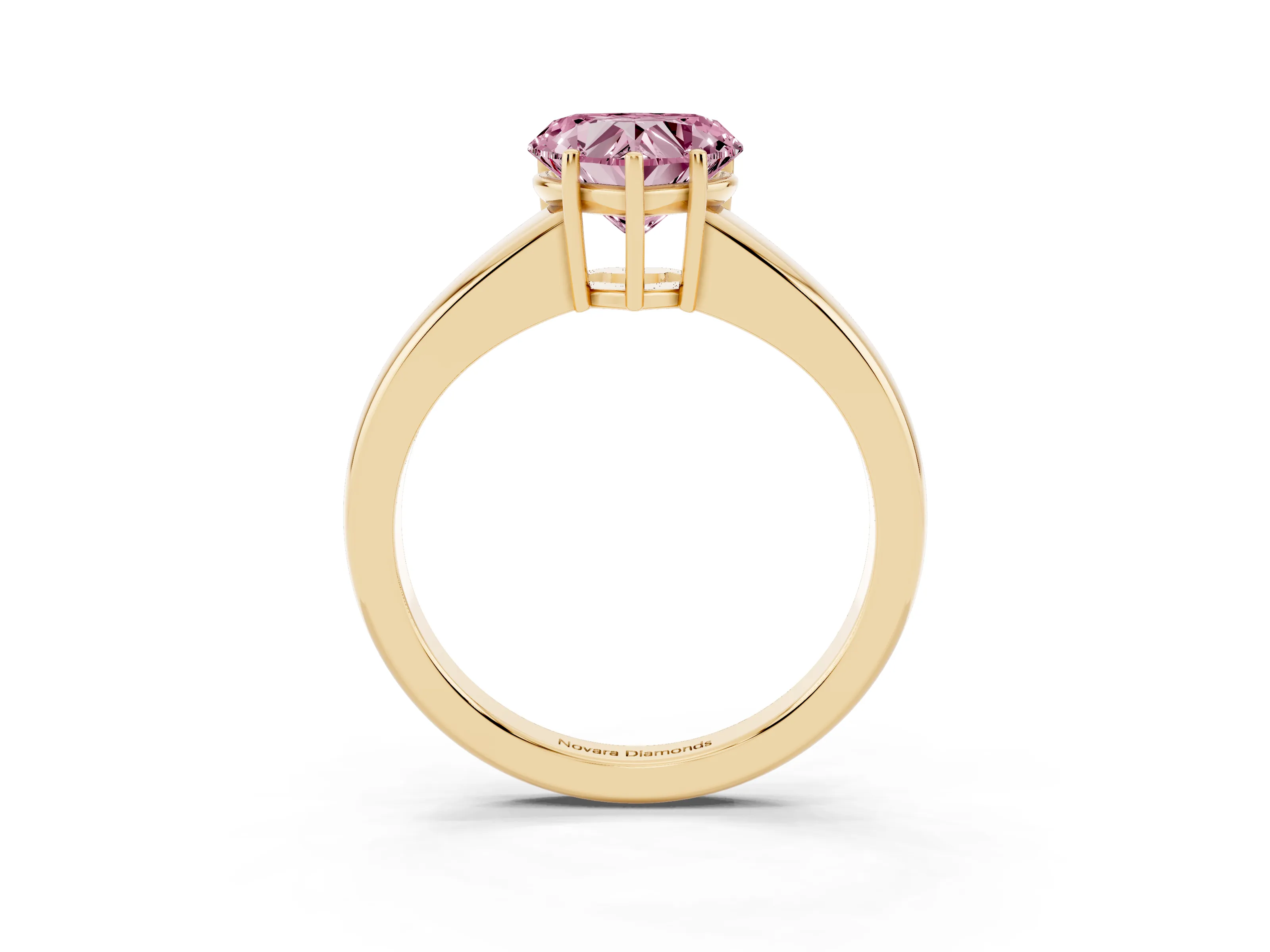 Fancy Pink Heart Cut Diamond Solitaire Ring Set in Yellow gold with Tapered Band and Prong Setting