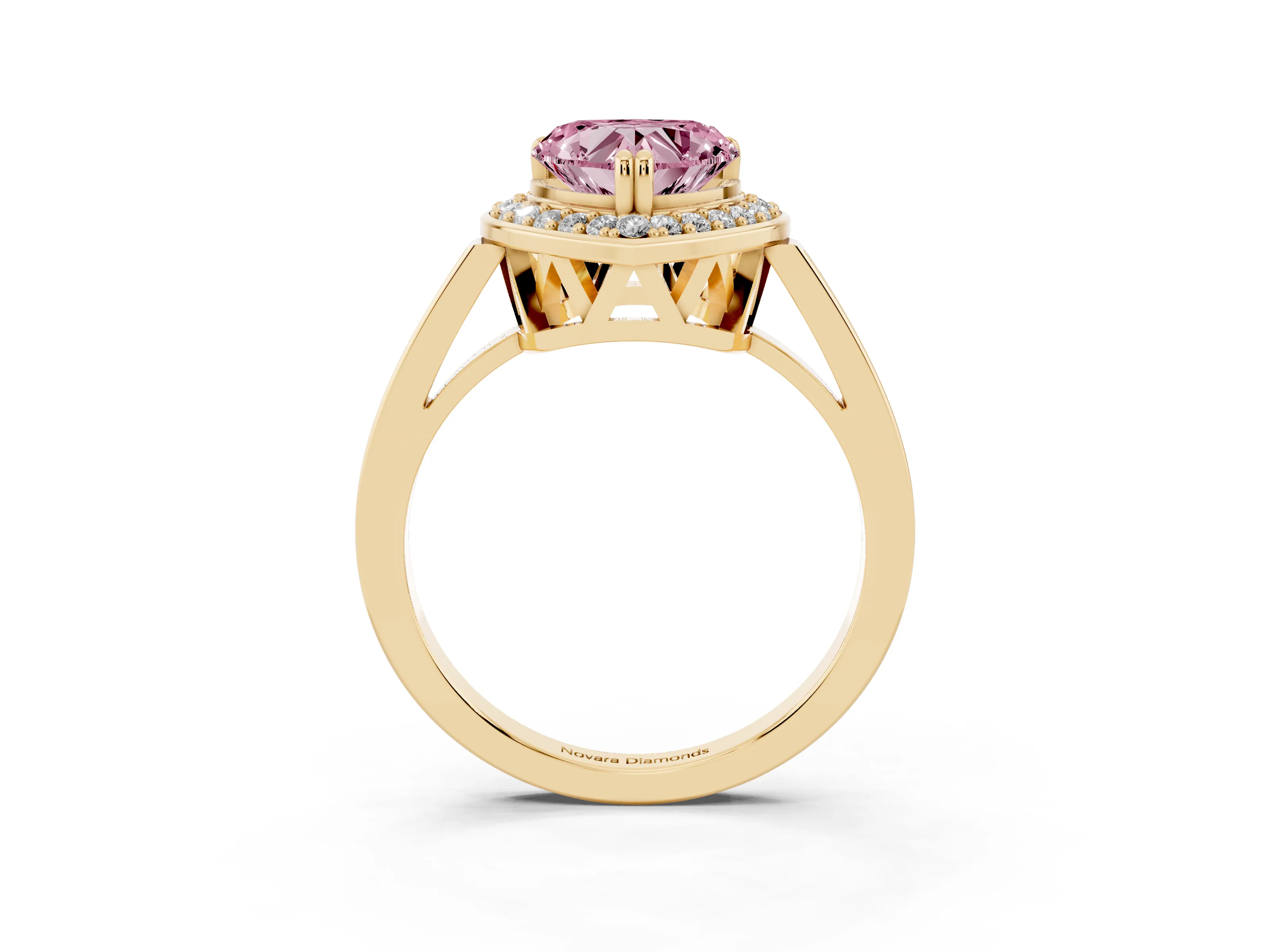 Fancy Pink Heart Cut Diamond Halo Ring Set in Yellow gold with Accent-Lined Split Shank and Prong Setting