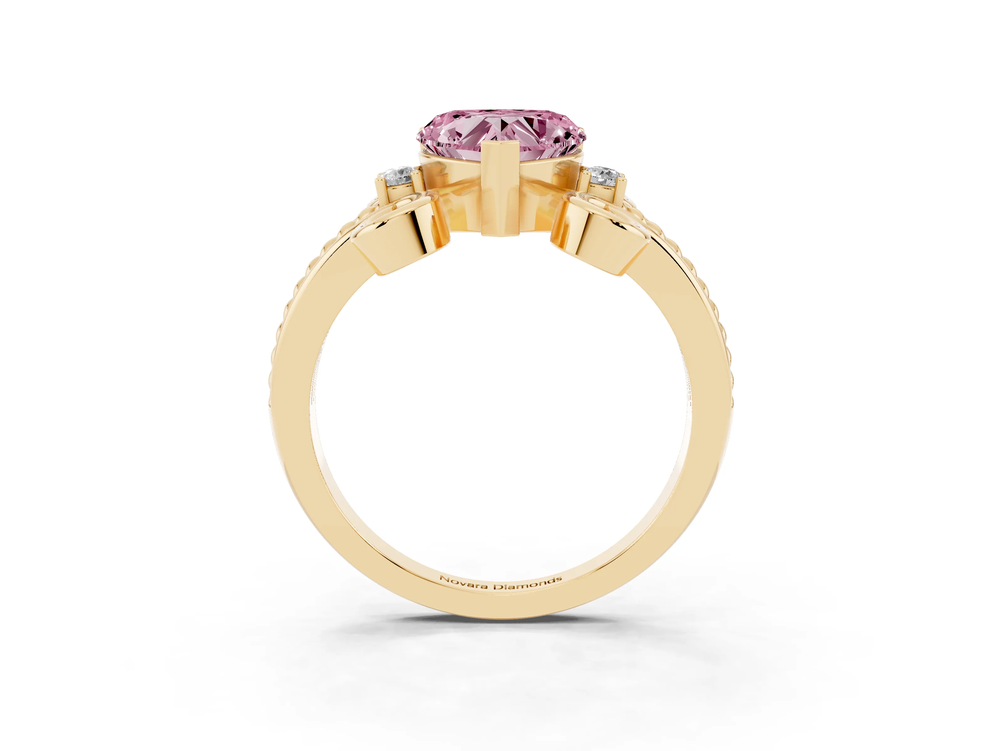 Fancy Pink Heart Cut Diamond Twisted Band Solitaire Ring Set in Yellow gold with Scroll Prongs