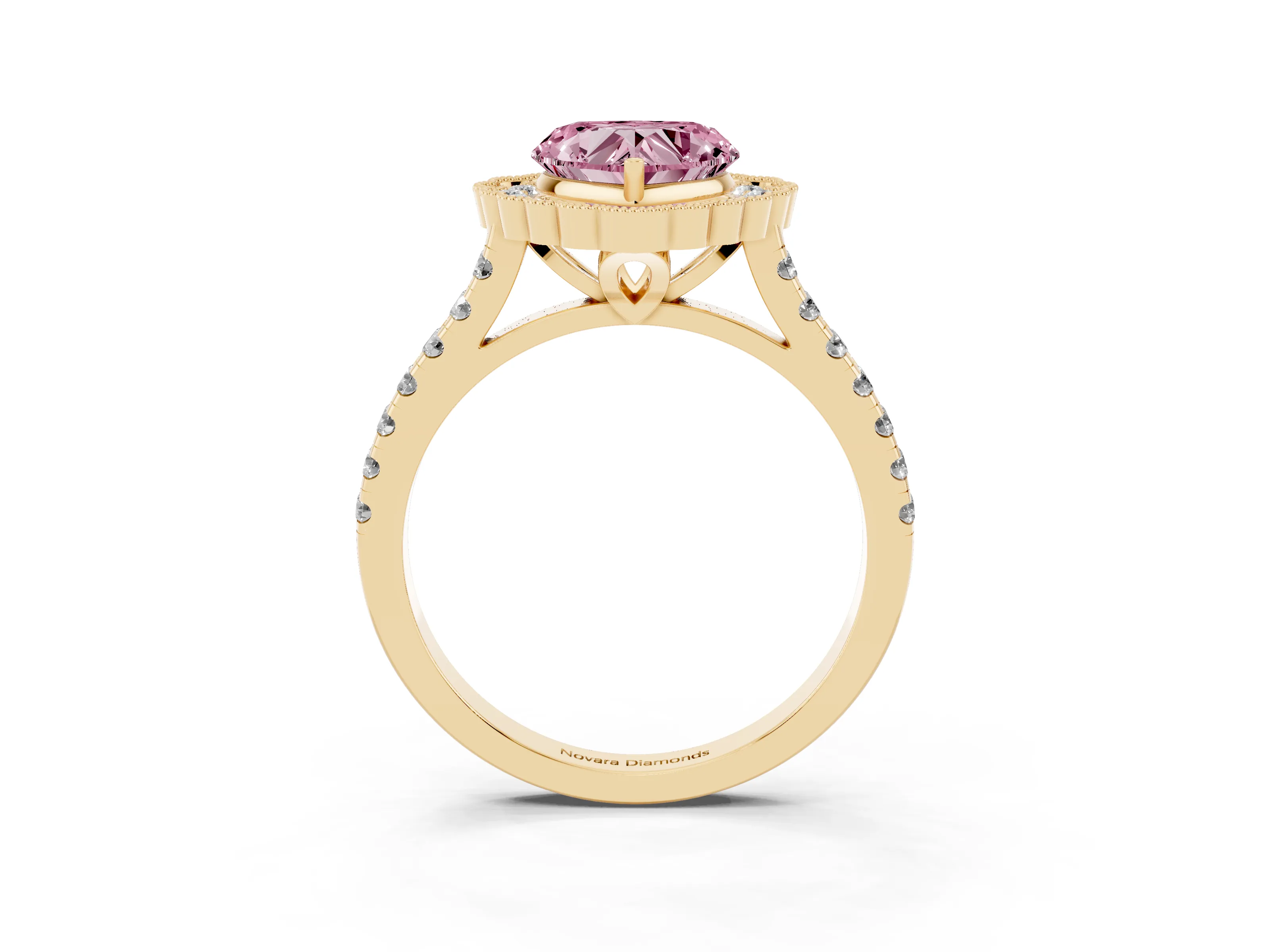 Fancy Pink Heart Cut Diamond Milgrain Floral Halo Engagement Ring Set in Yellow gold with Pavé Band