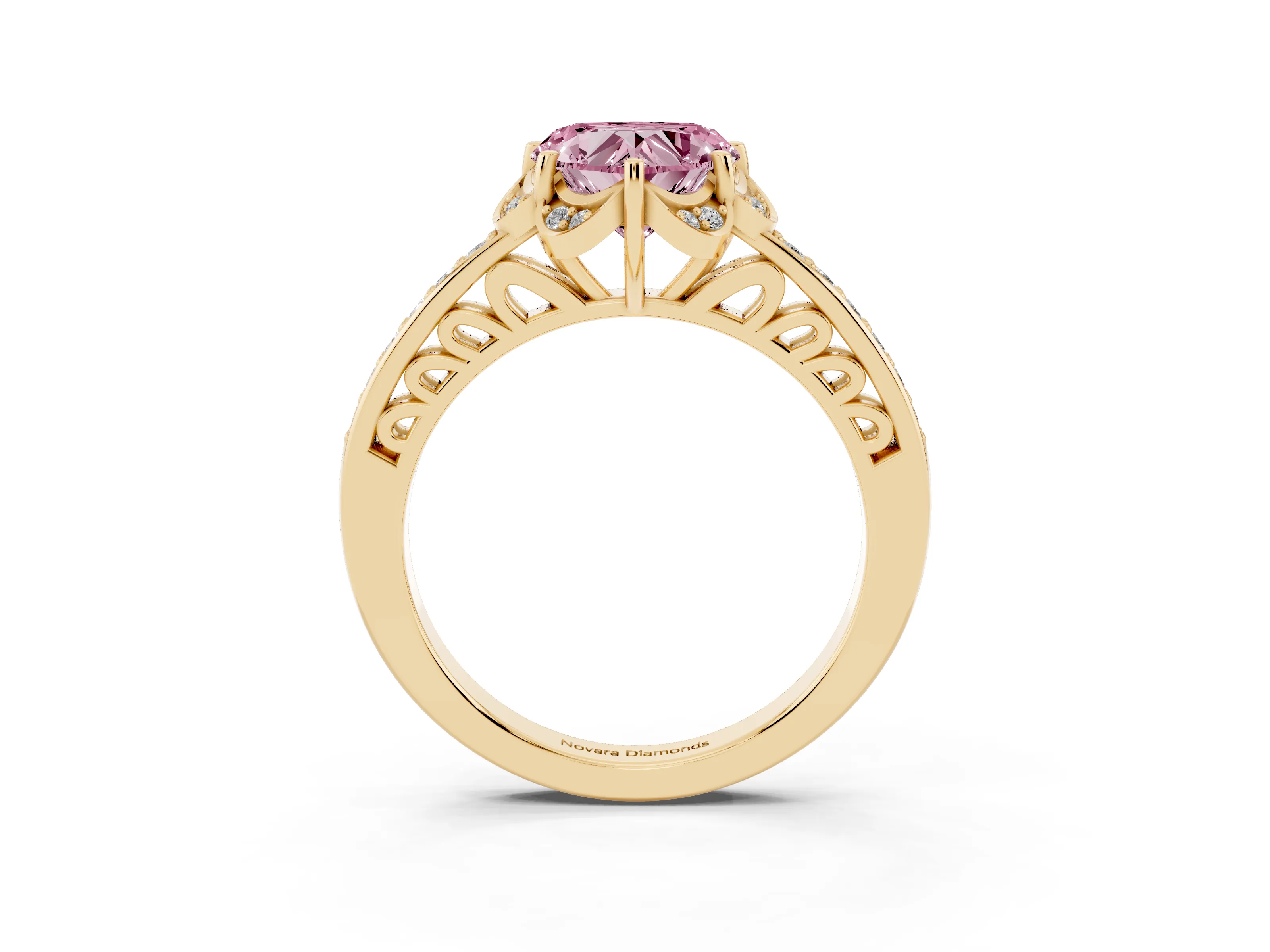 Fancy Pink Heart Cut Diamond Halo Ring Set in Yellow gold with Channel Set Band and Prong Setting