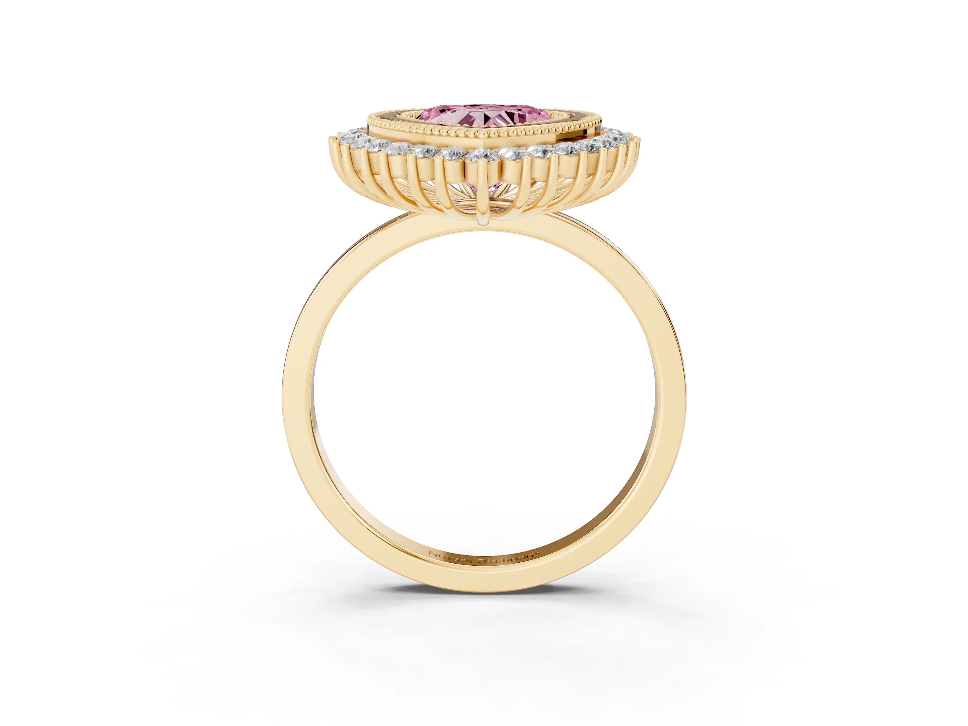 Fancy Pink Heart Cut Diamond Halo Ring Set in Yellow gold with Milgrain Edge and Round Prong Setting