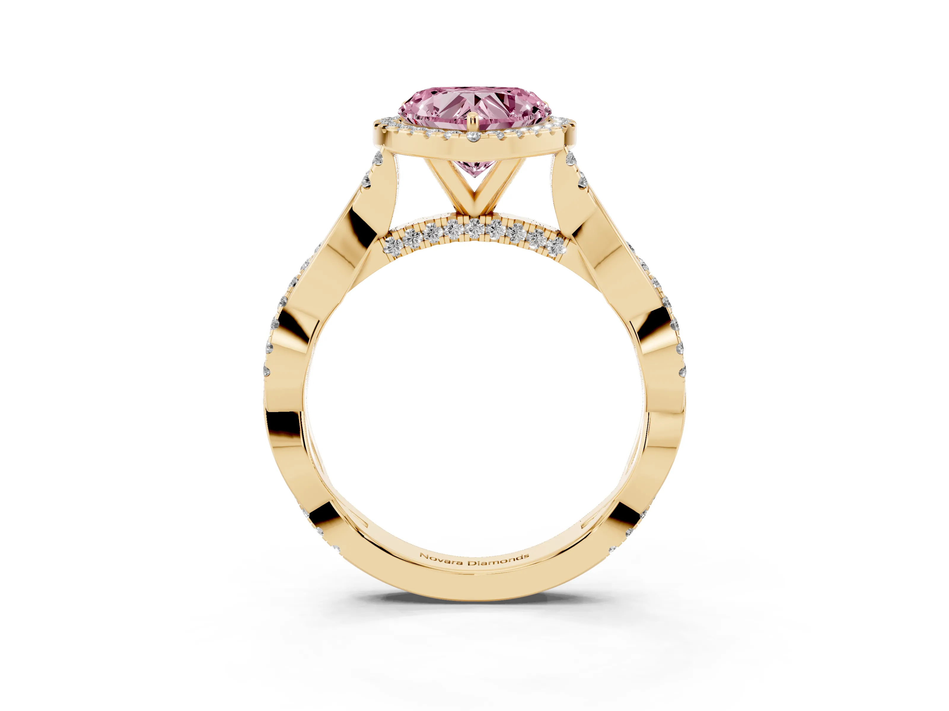 Fancy Pink Heart Cut Diamond Halo Twist Band Solitaire Ring Set in Yellow gold with Prong Setting