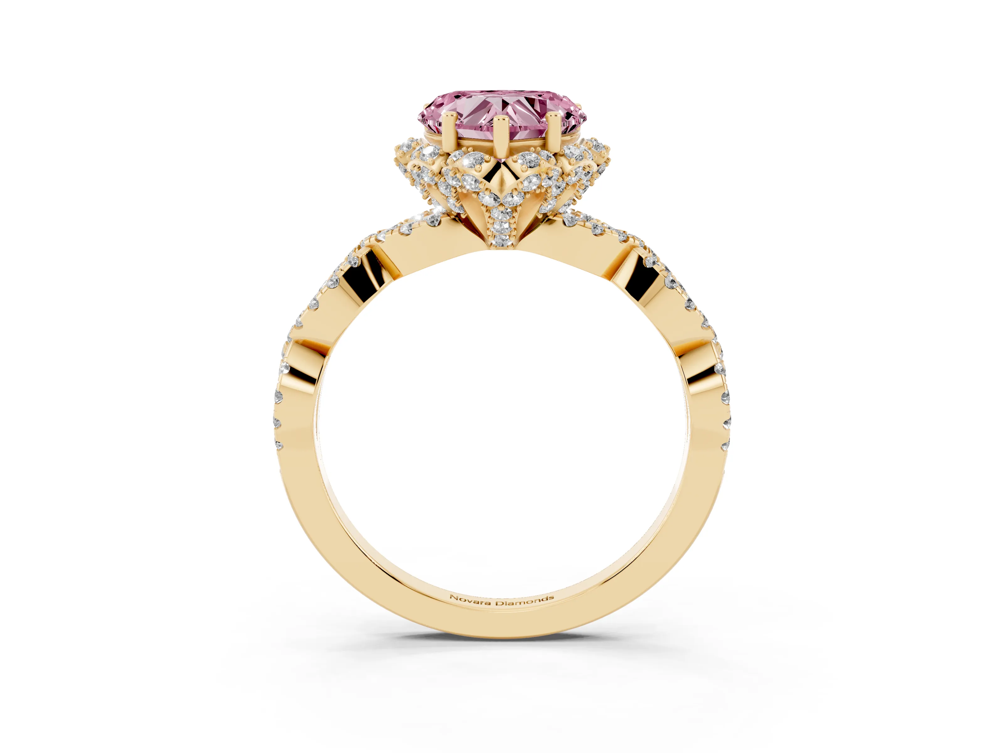 Fancy Pink Heart Cut Diamond Halo Twist Band Solitaire Ring Set in Yellow gold with Prong-Set Center Stone