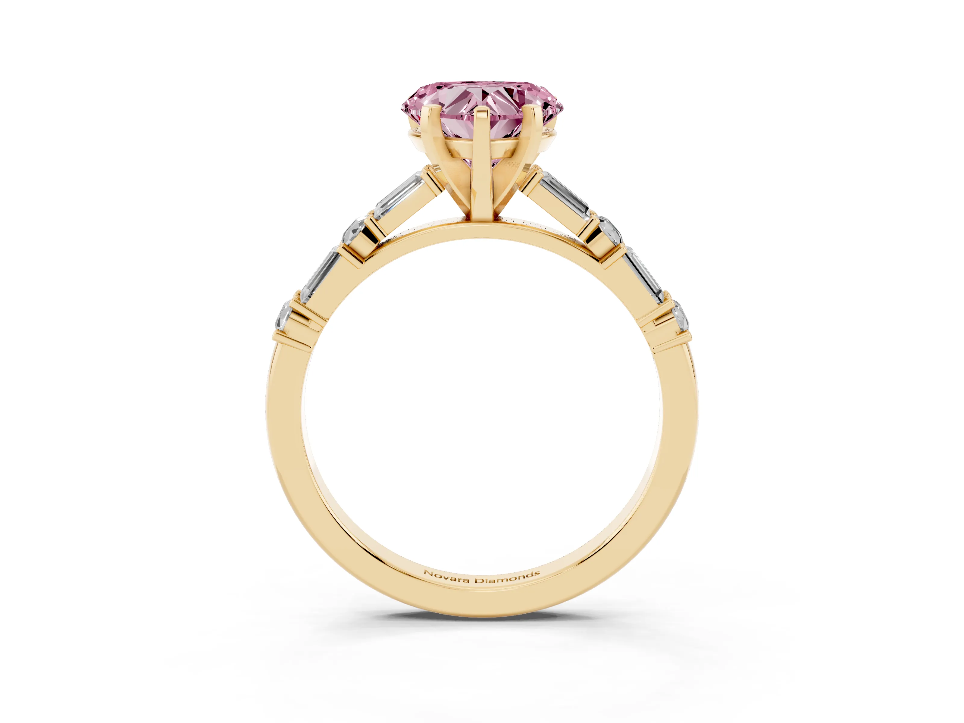 Fancy Pink Heart Cut Diamond Solitaire Set in Yellow gold with Side Baguettes and Channel Set Band