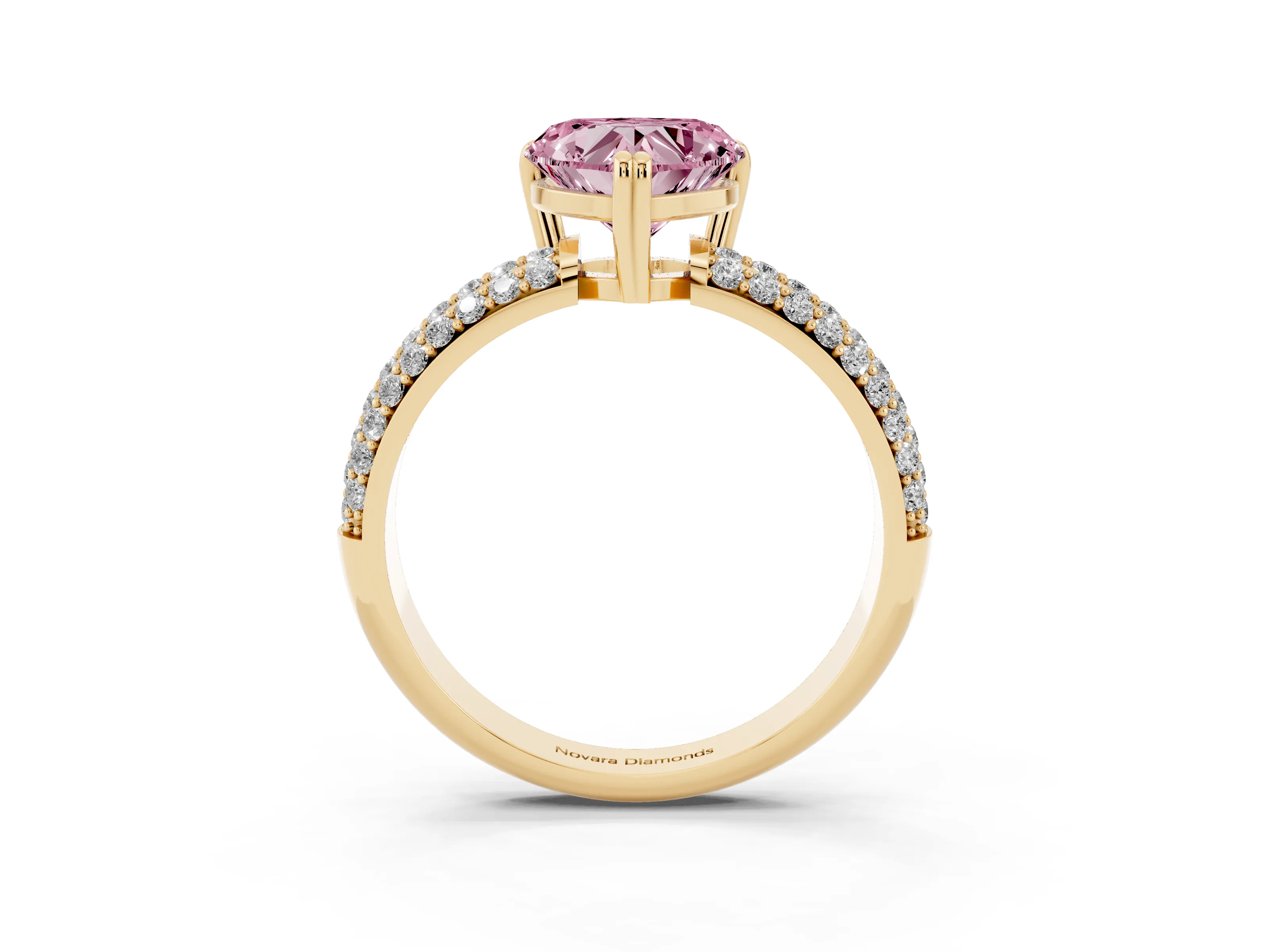 Fancy Pink Heart Cut Diamond Solitaire Ring Set in Yellow gold with Multi-Row Round Pavé Band and Prong Setting