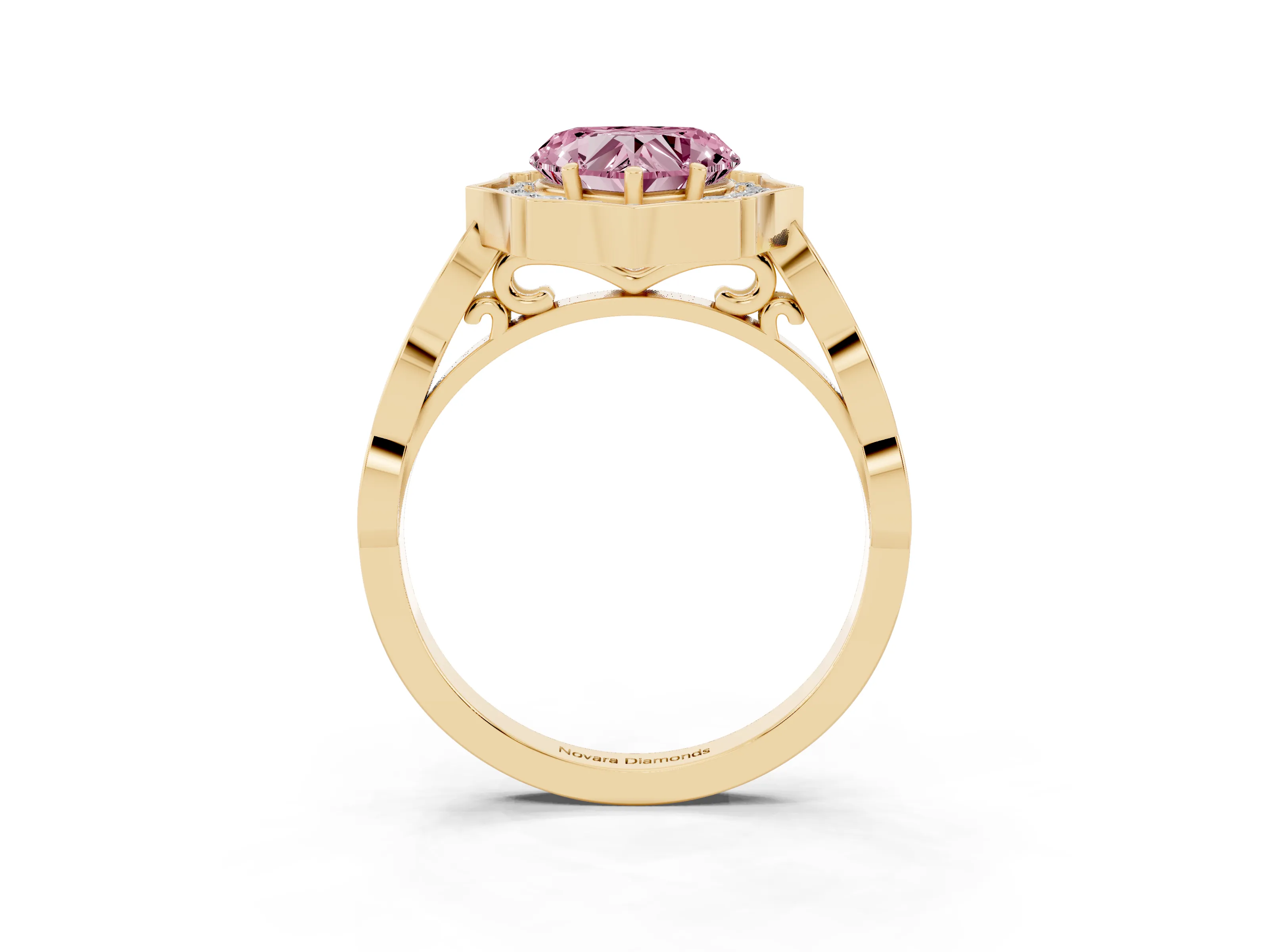 Fancy Pink Heart Cut Diamond Halo Engagement Ring Set in Yellow gold with Milgrain Band and Prong Setting