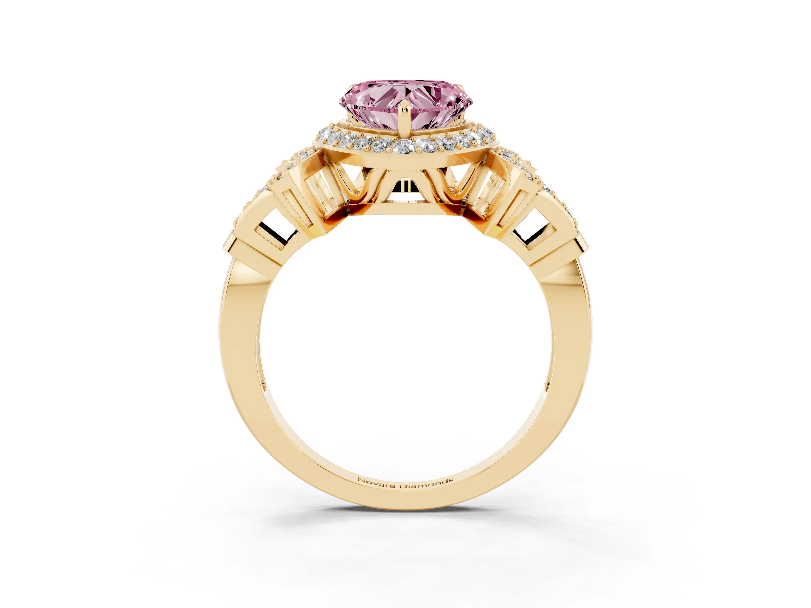 Fancy Pink Heart Cut Diamond Halo Engagement Ring Set in Yellow gold with Accent Stone Split Shank