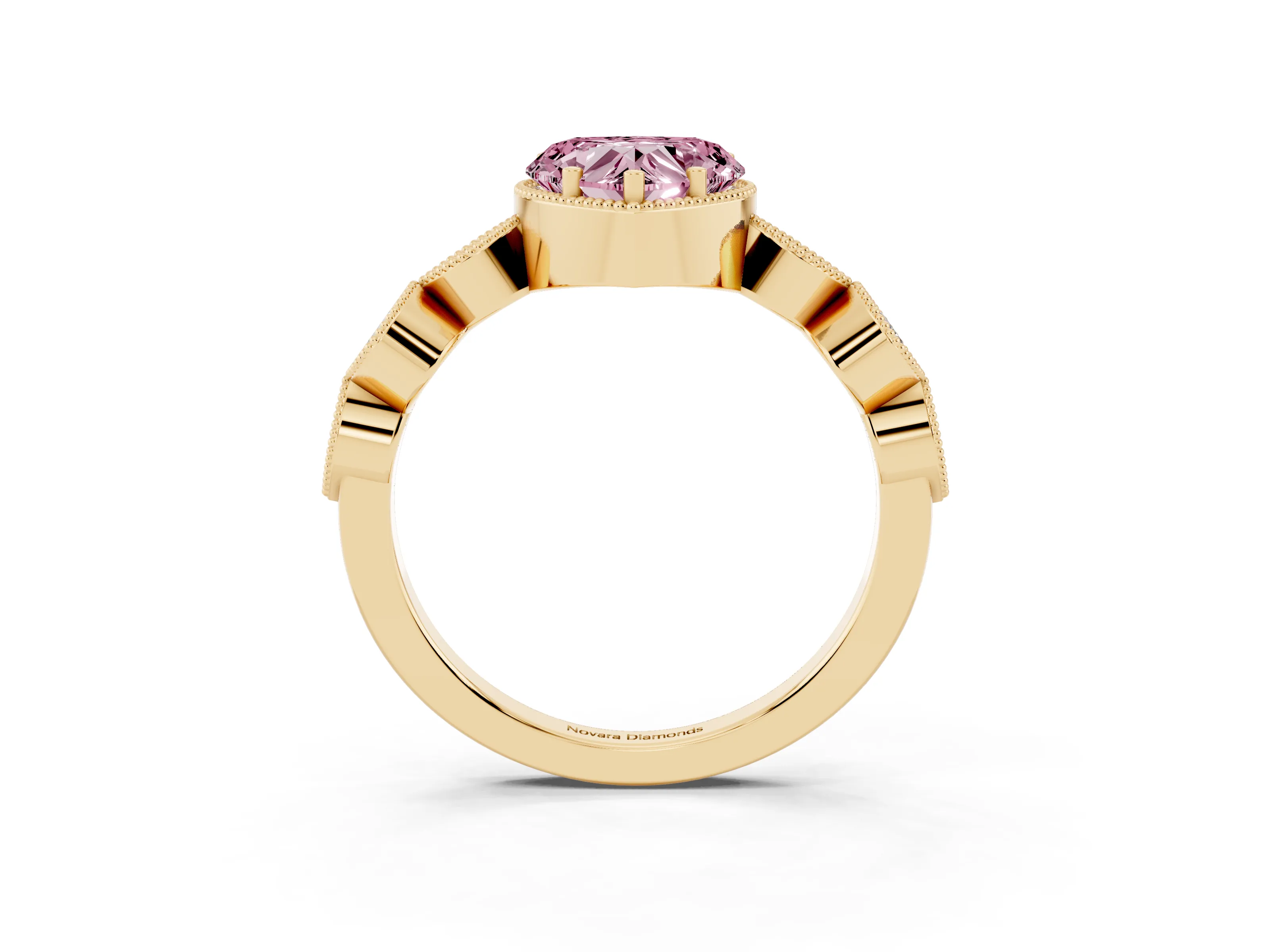 Fancy Pink Heart Cut Diamond Vintage-Inspired Milgrain Ring Set in Yellow gold with Marquise Stations of Round Accents