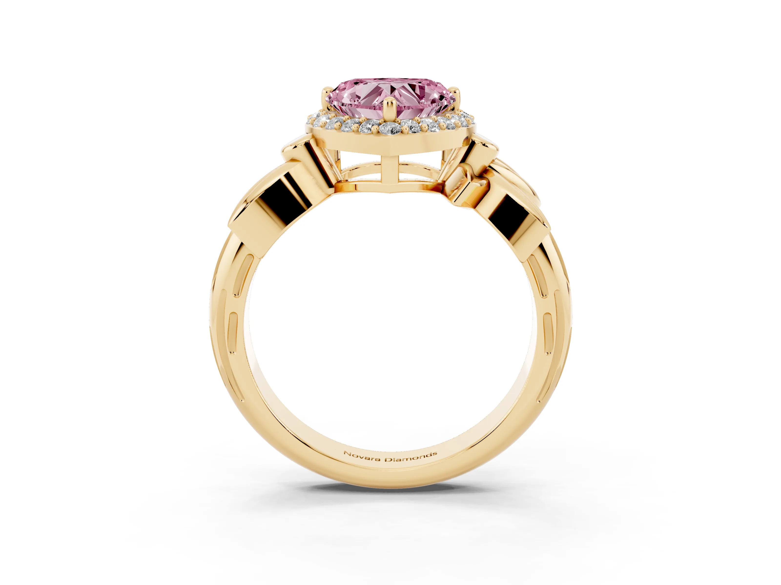 Fancy Pink Heart Cut Diamond Halo Floral Band Ring Set in Yellow gold with Prong Setting