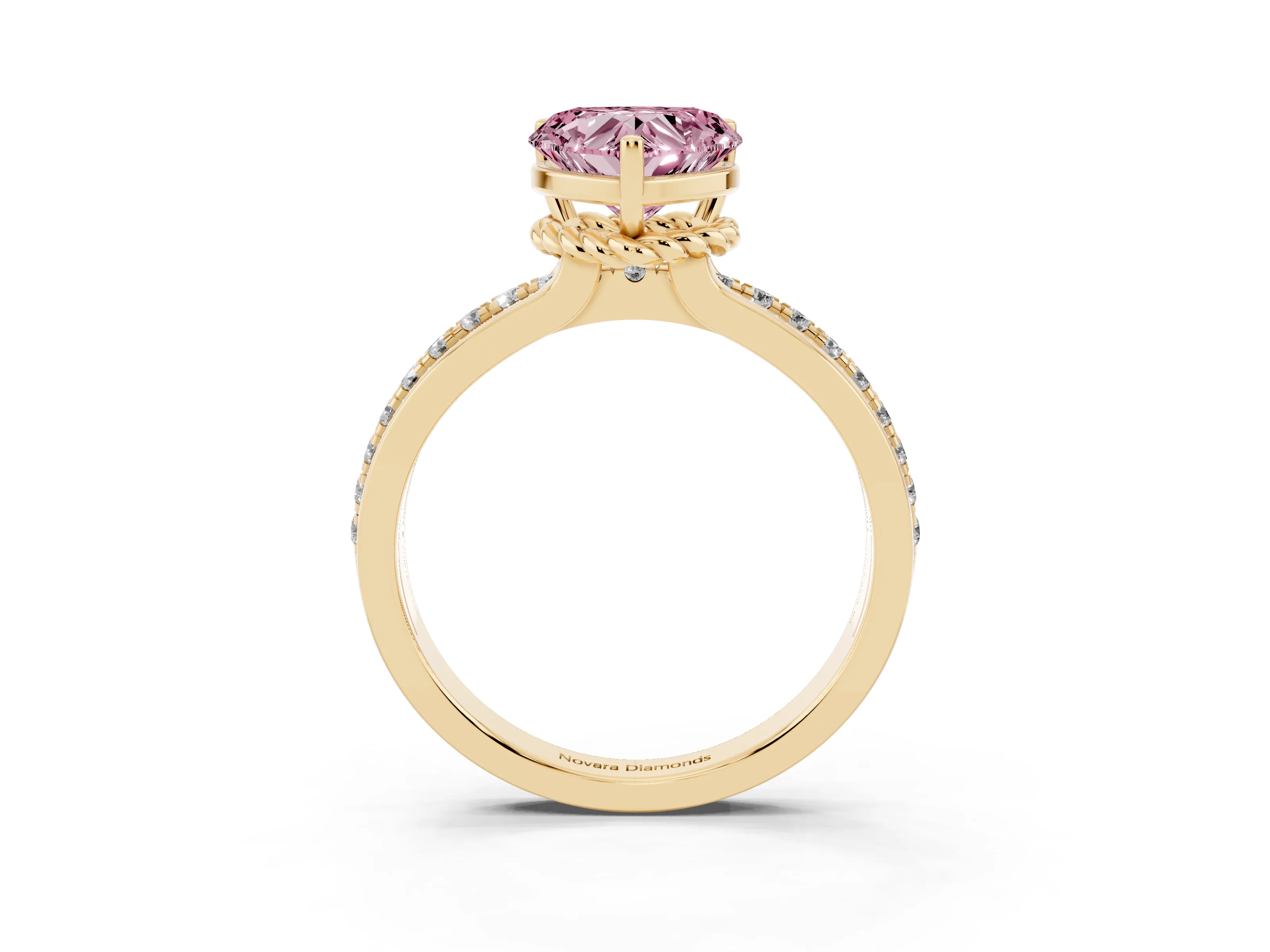 Fancy Pink Heart Cut Diamond Solitaire Ring Set in Yellow gold with Channel Set Band and Prong Setting
