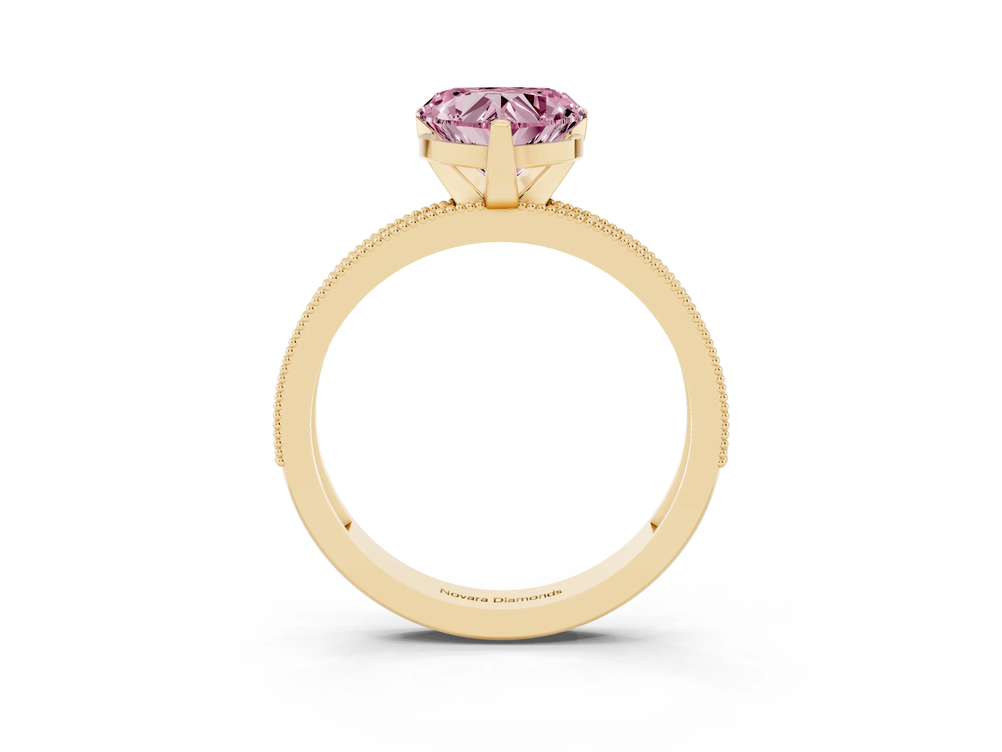 Fancy Pink Heart Cut Diamond Milgrain Pavé Engagement Ring Set in Yellow gold with Prong Setting