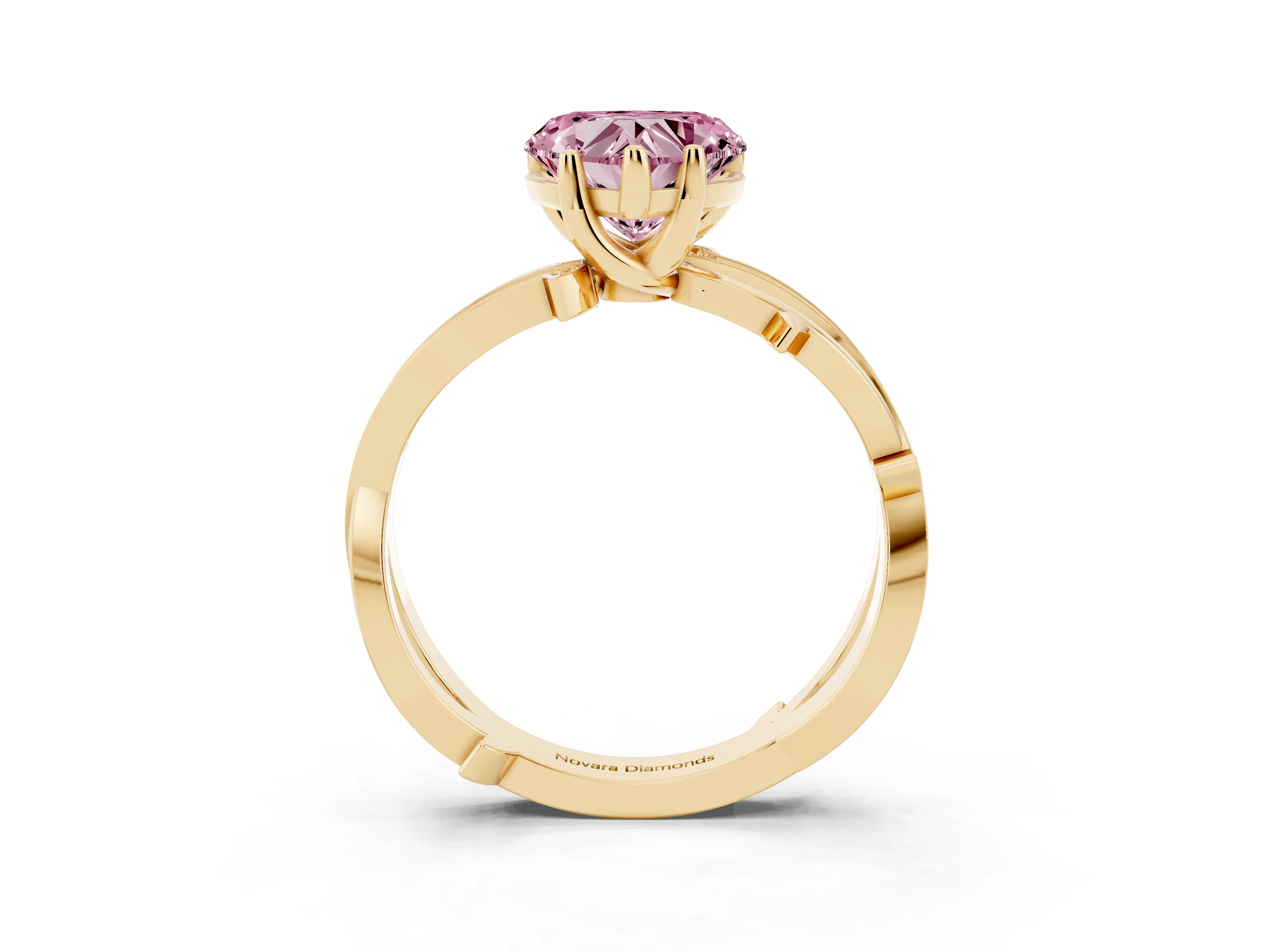 Fancy Pink Heart Cut Diamond Pavé Twist Band Solitaire Ring Set in Yellow gold with Prong Setting