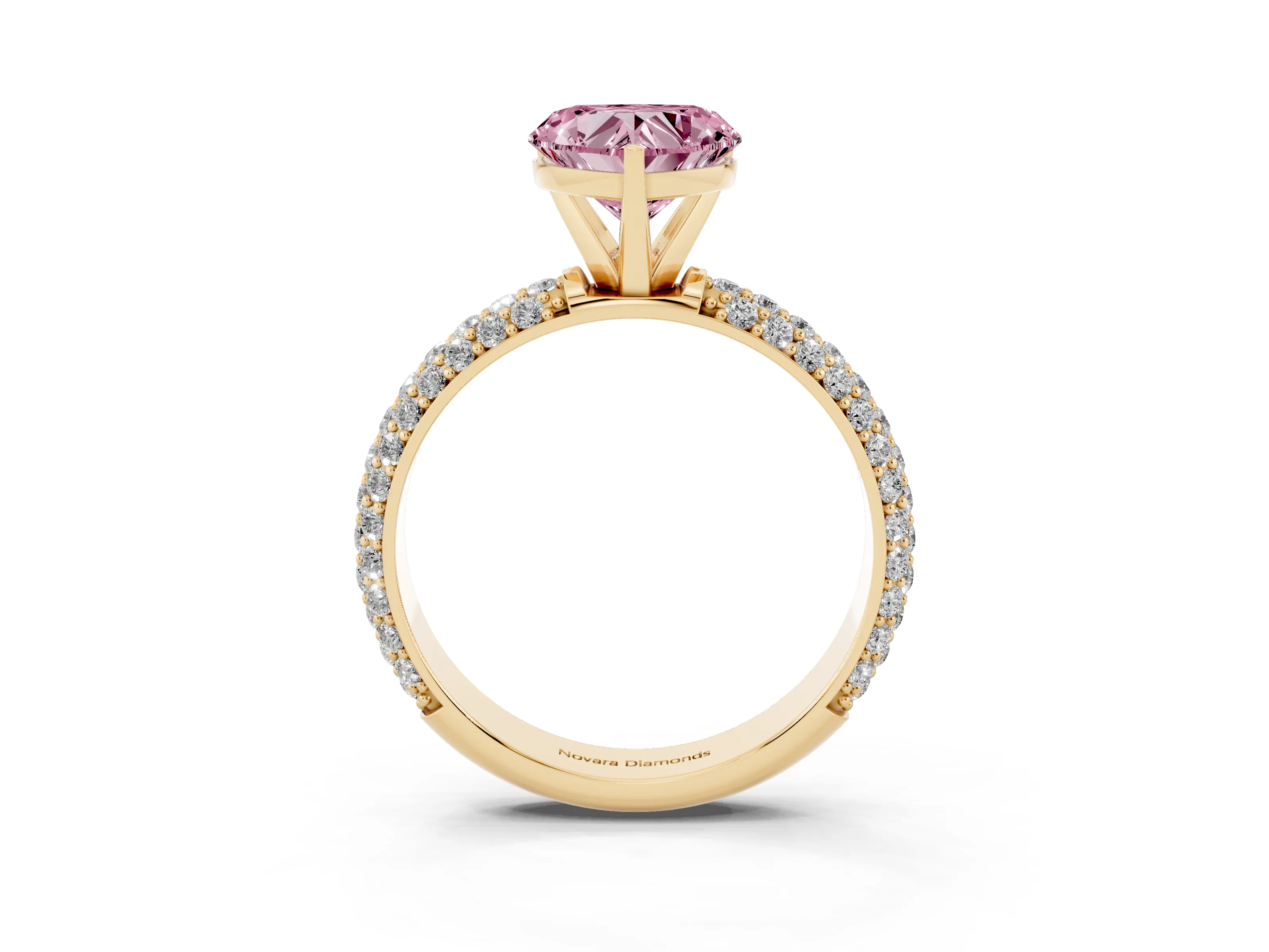 Fancy Pink Heart Cut Diamond Solitaire Ring Set in Yellow gold with Prong Setting and Pavé-Set Band