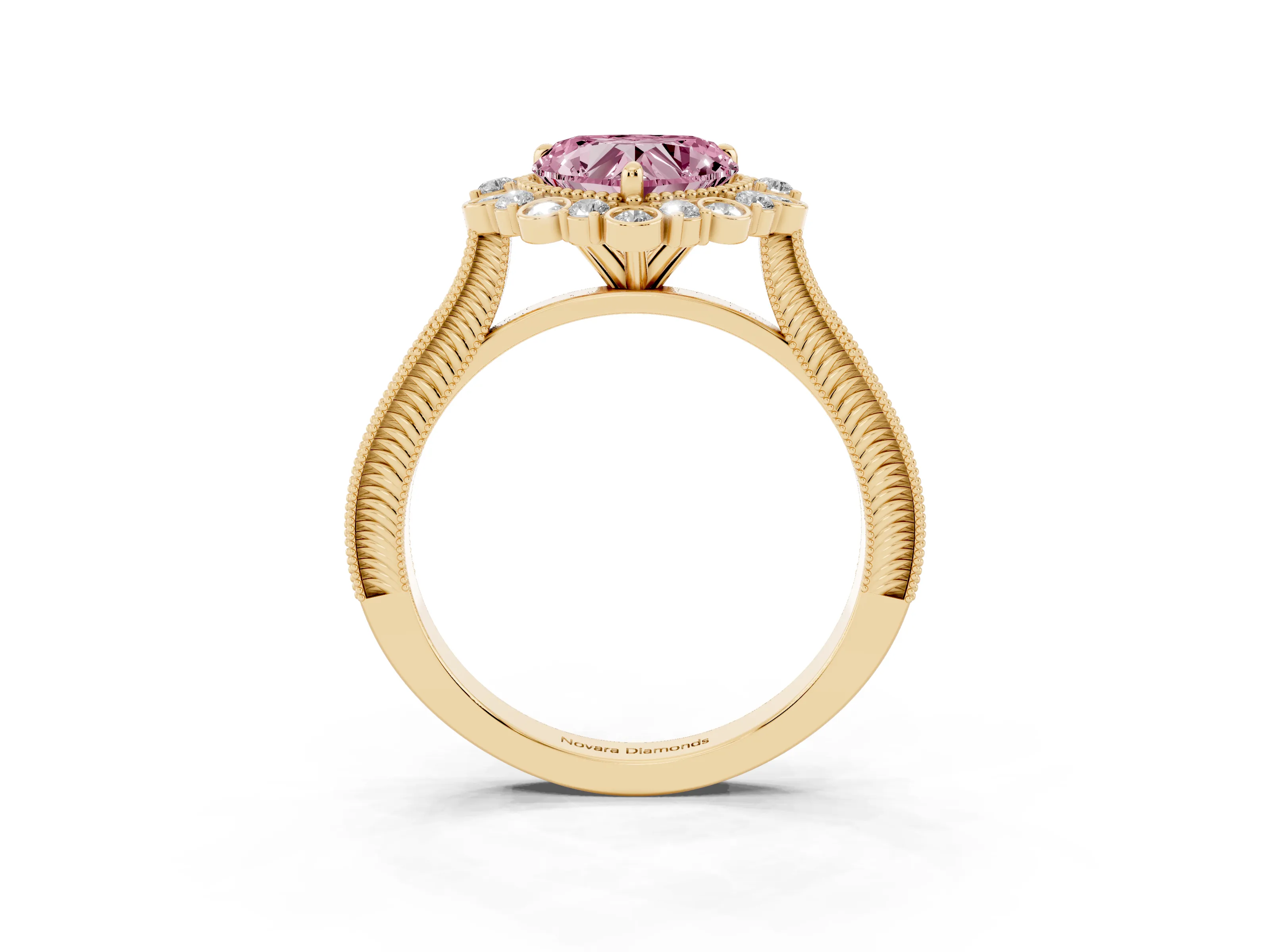 Fancy Pink Heart Cut Diamond Halo Milgrain Pavé Ring Set in Yellow gold with Prong Setting