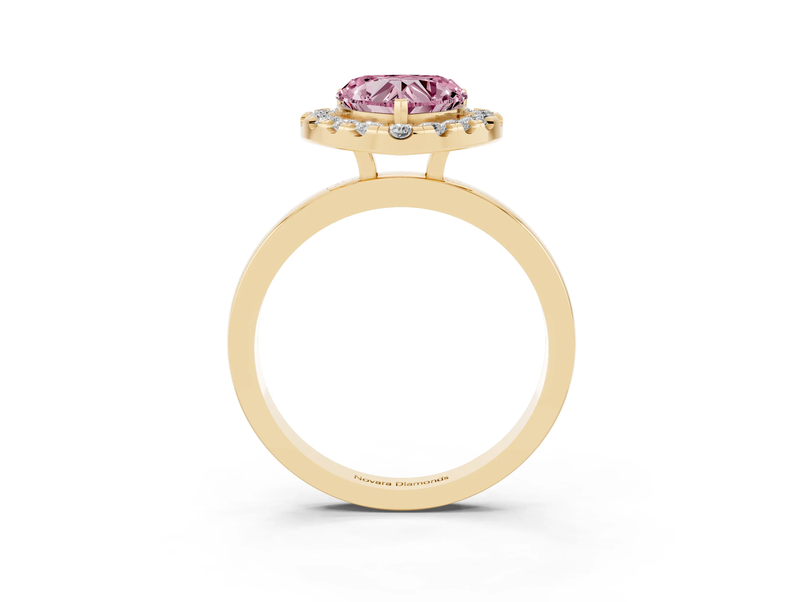 Fancy Pink Heart Cut Diamond Halo Solitaire Ring Set in Yellow gold with Pavé Band and Prong Setting