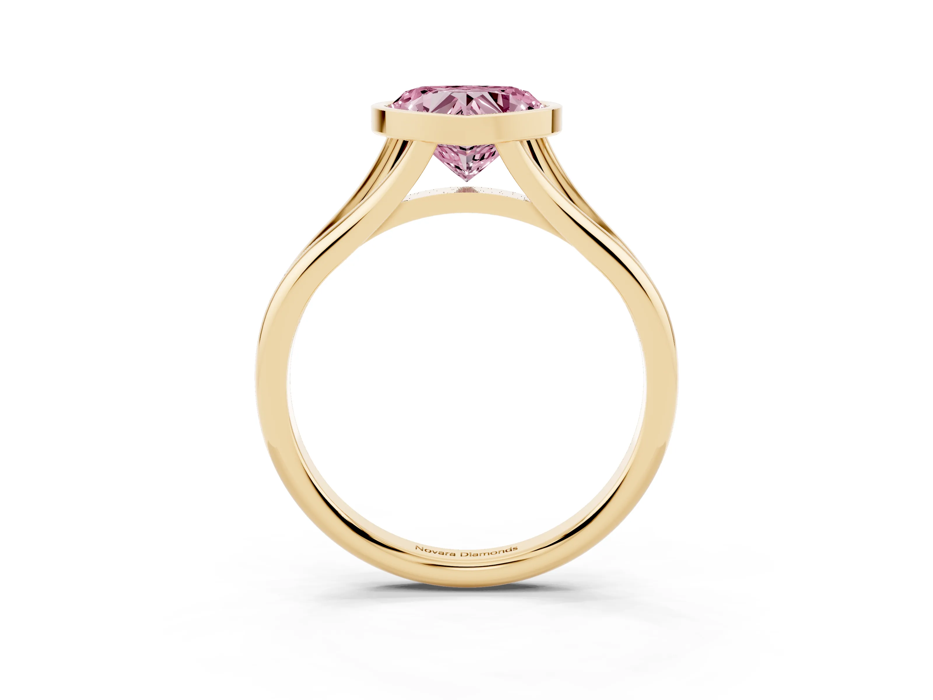 Fancy Pink Bezel Set Heart Cut Diamond Solitaire Ring Set in Yellow gold with Tapered Band