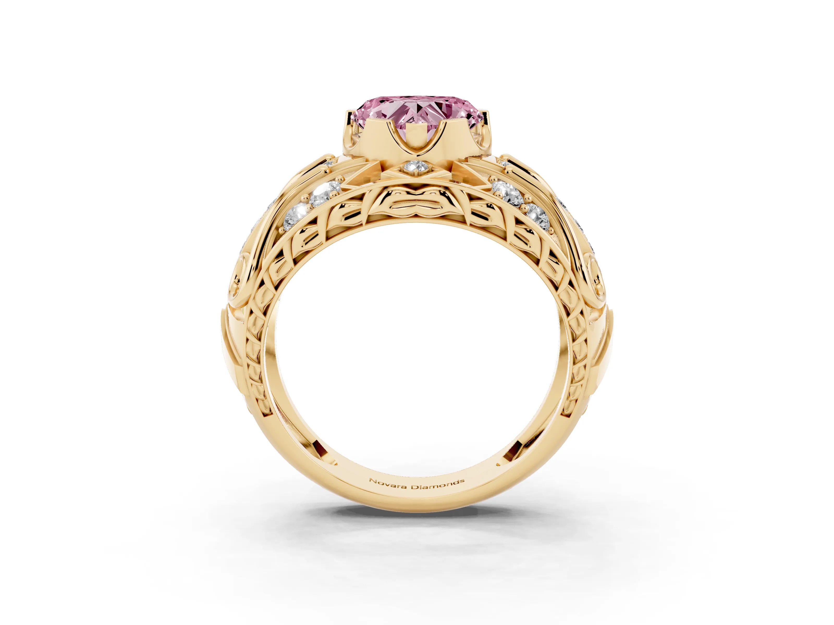 Fancy Pink Heart Cut Diamond Art Deco Ring Set in Yellow gold with Pavé Split Shank