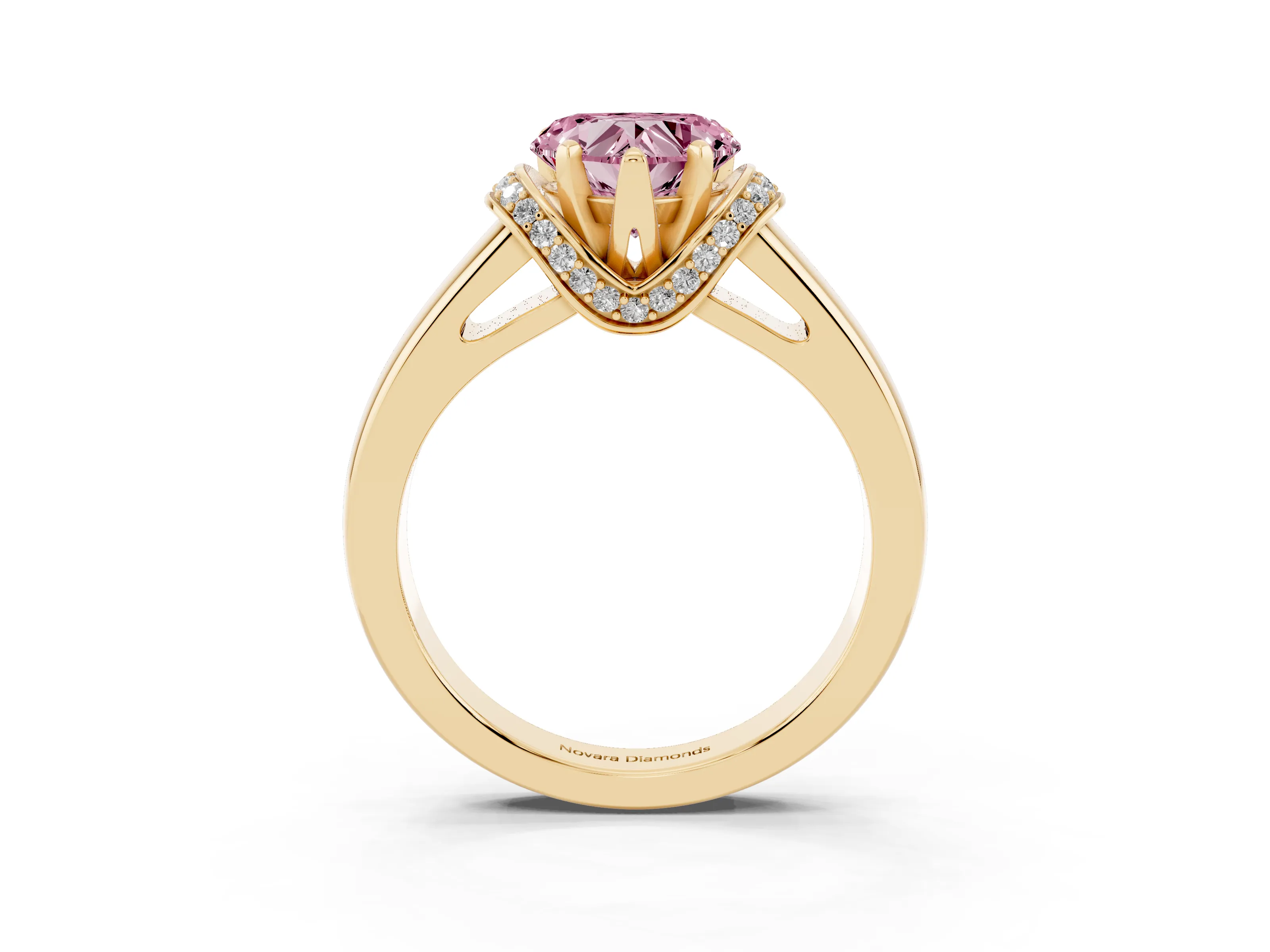 Fancy Pink Heart Cut Diamond Pavé Band Solitaire Ring Set in Yellow gold with Prong Setting