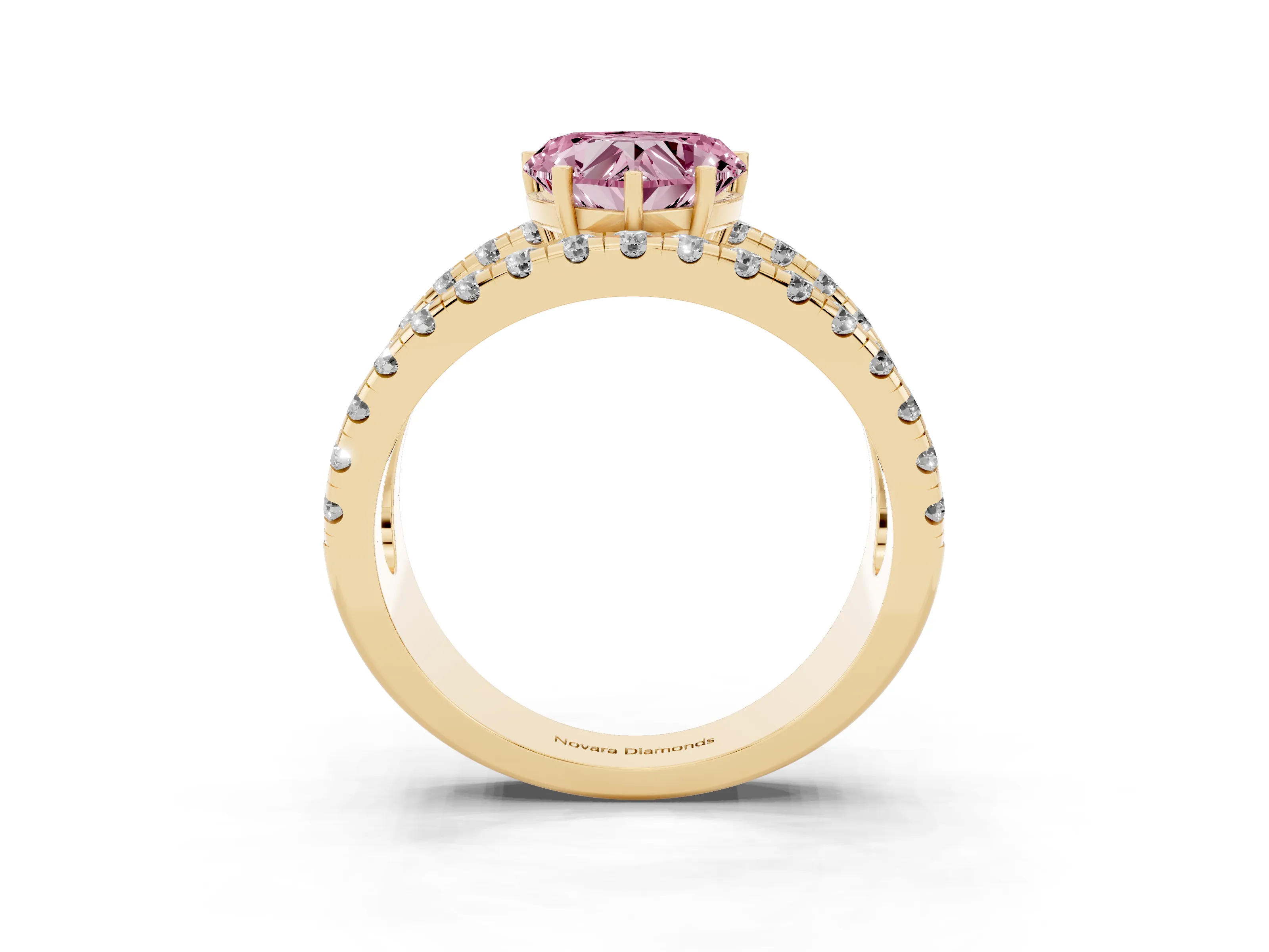 Fancy Pink Heart Cut Diamond Split Shank Pavé Solitaire Ring Set in Yellow gold with Open Shank Design
