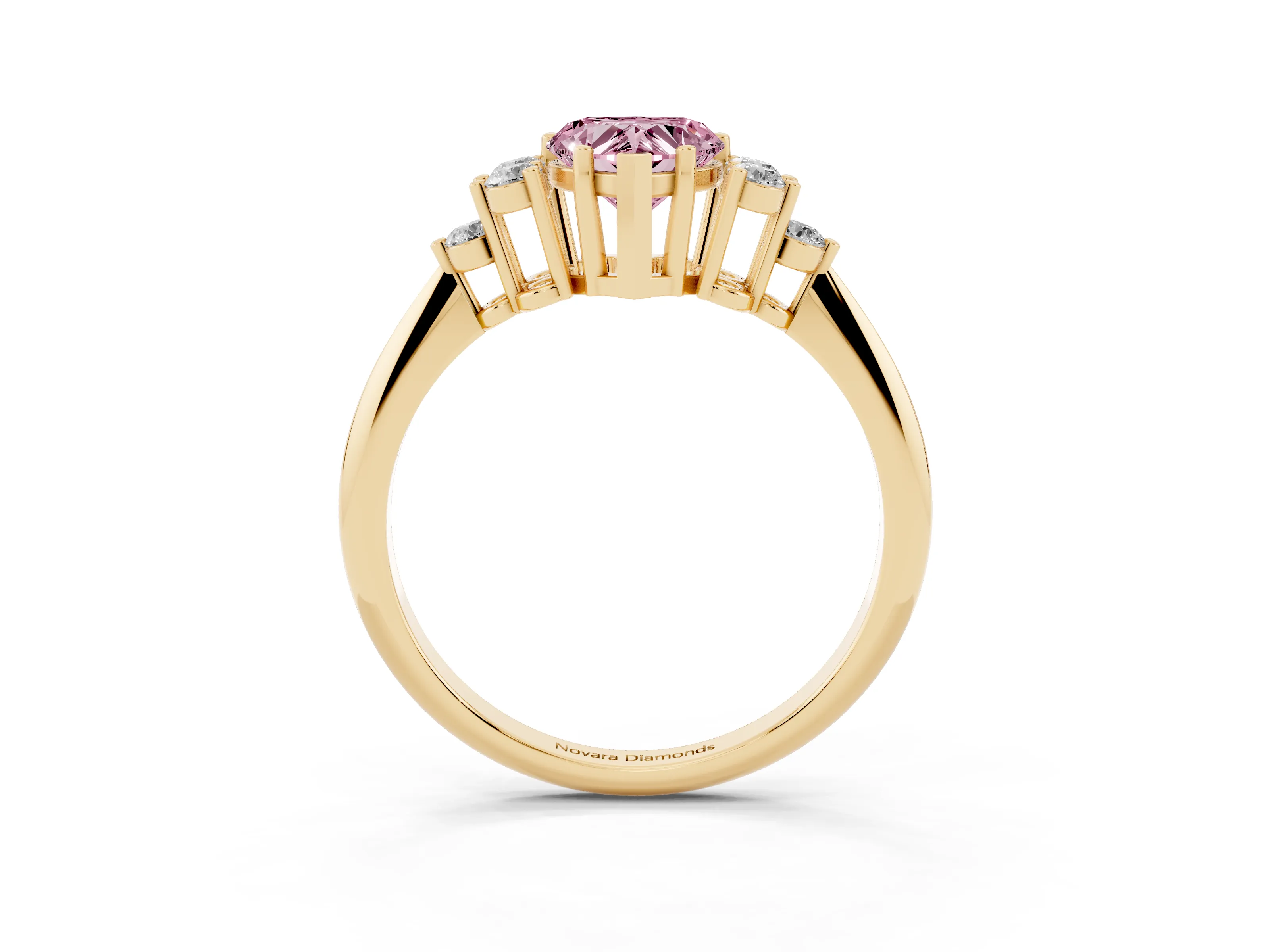 Fancy Pink Heart Cut Diamond Cluster Ring Set in Yellow gold with Plain Band and Prong Setting