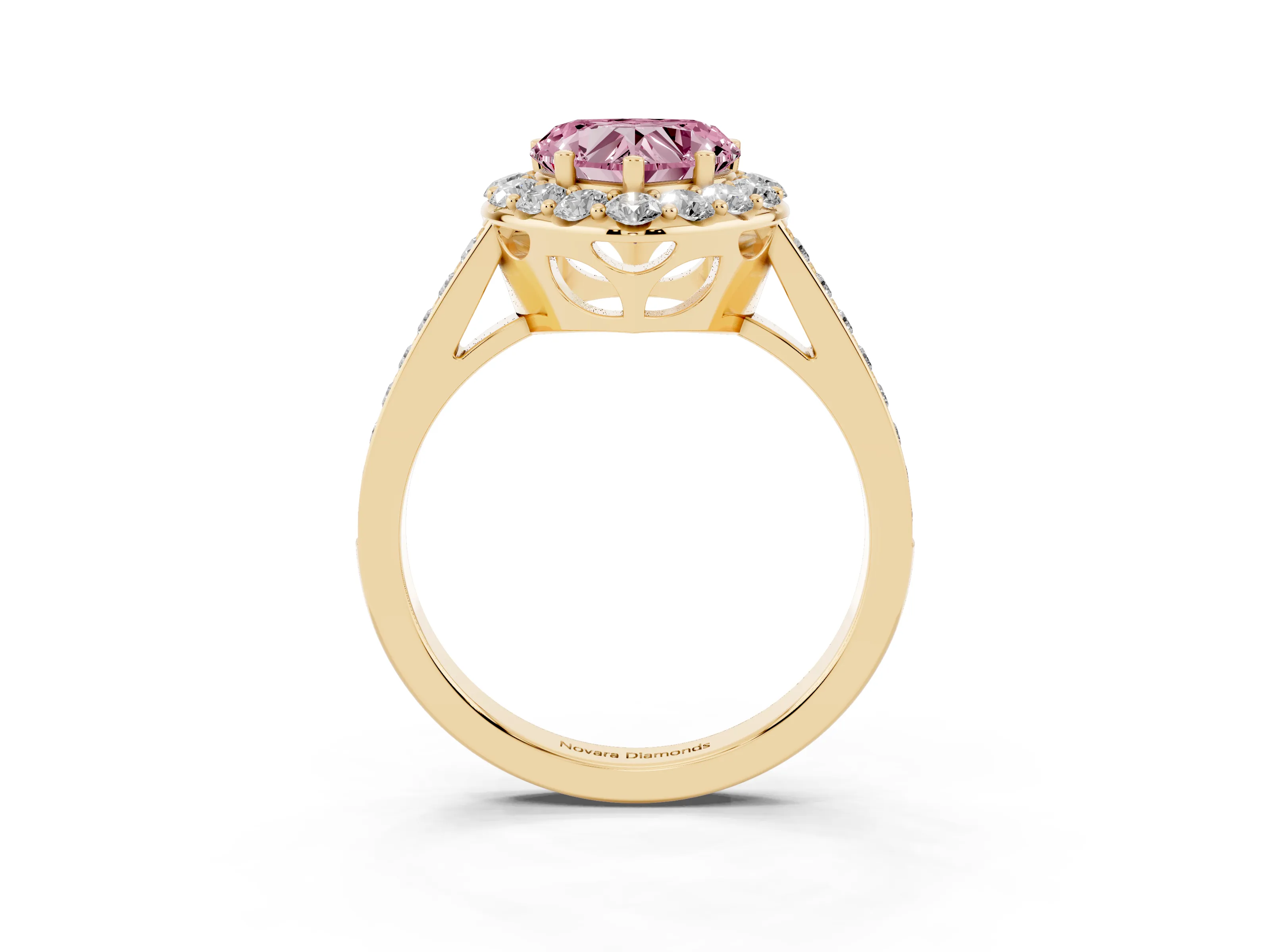 Fancy Pink Heart Cut Diamond Floral Halo Ring Set in Yellow gold with Pavé Band and Prong Setting