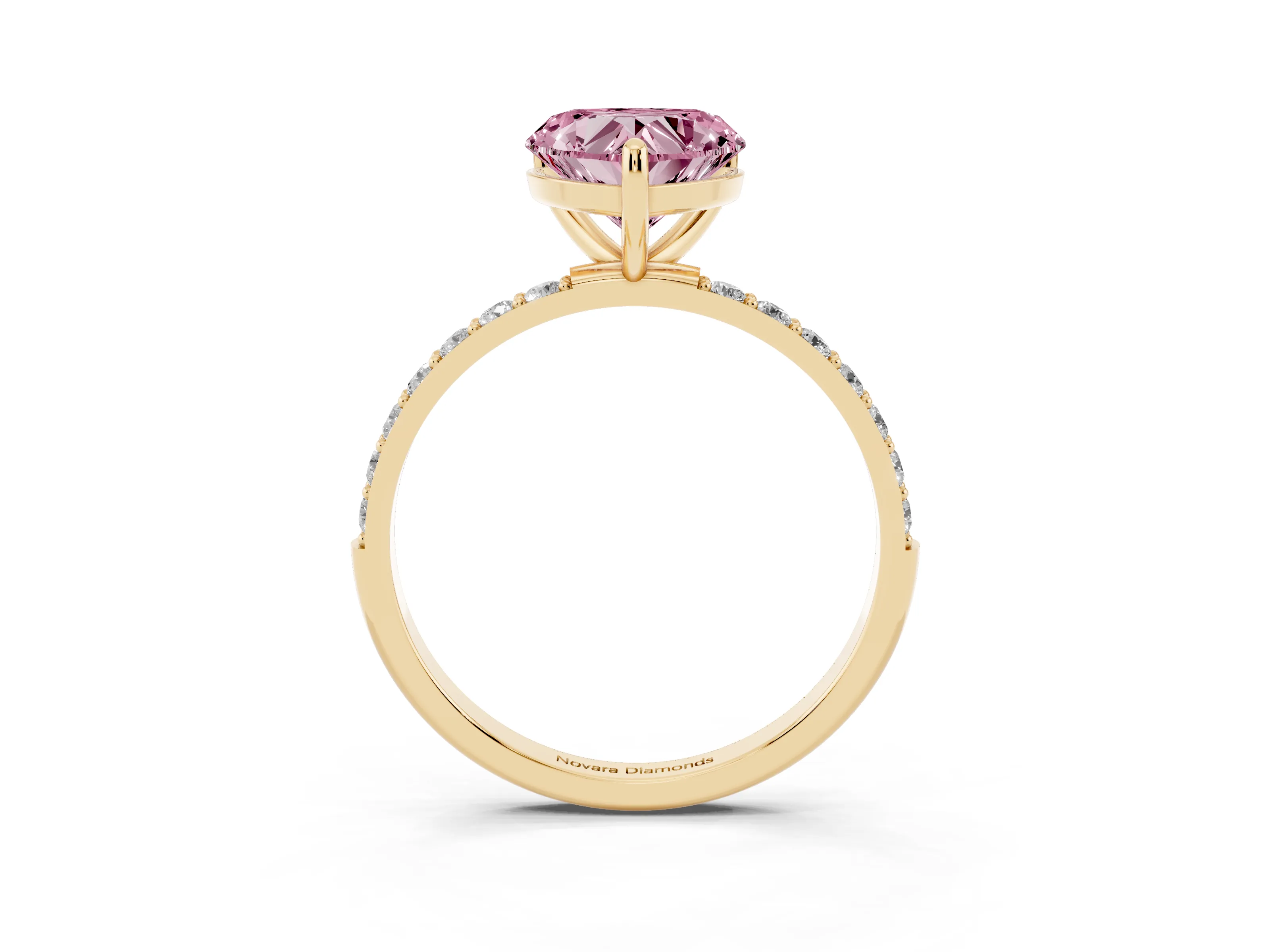 Fancy Pink Heart Cut Diamond Solitaire Ring Set in Yellow gold with Round Pavé Band and Prong Setting
