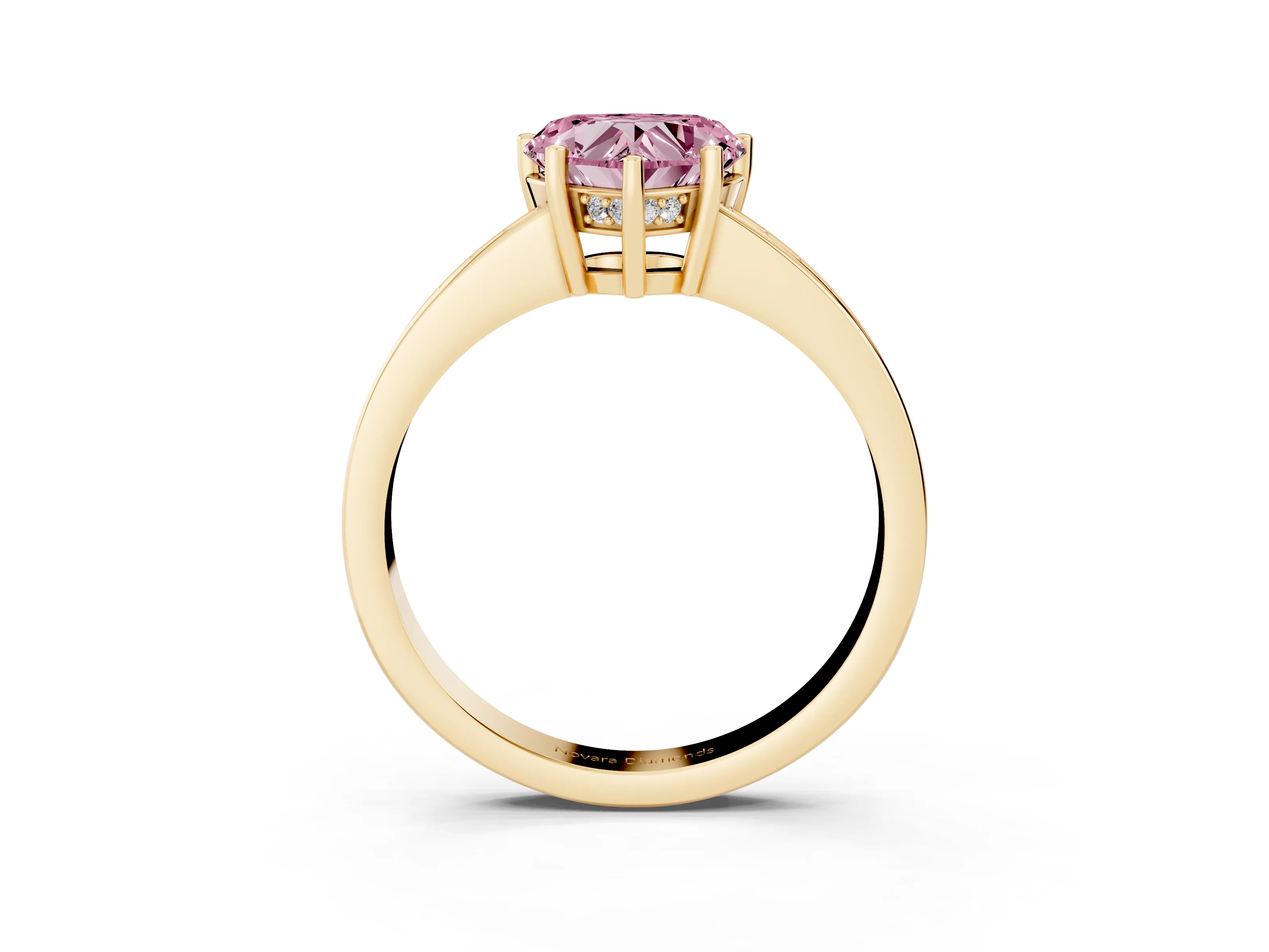 Fancy Pink Heart Cut Diamond Pavé Band Prong Set Solitaire Ring Set in Yellow gold