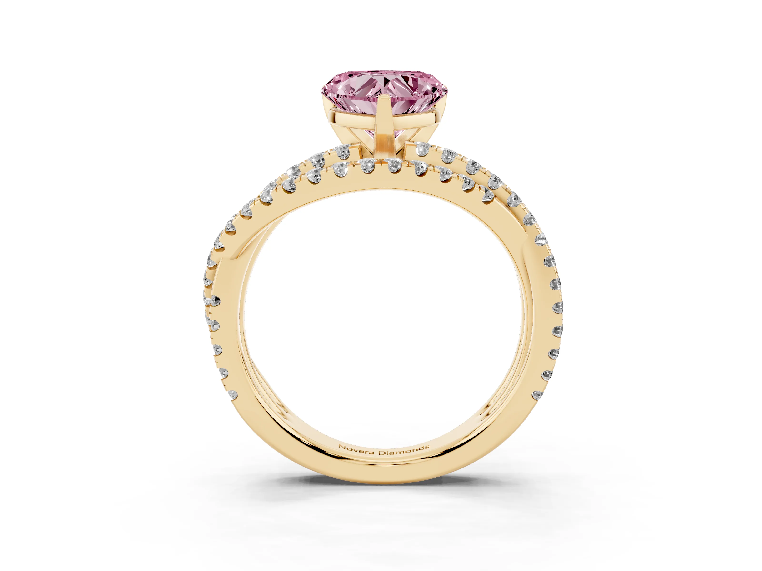 Fancy Pink Heart Cut Diamond Solitaire Twist Band Ring Set in Yellow gold with Pavé Setting and Prong Head