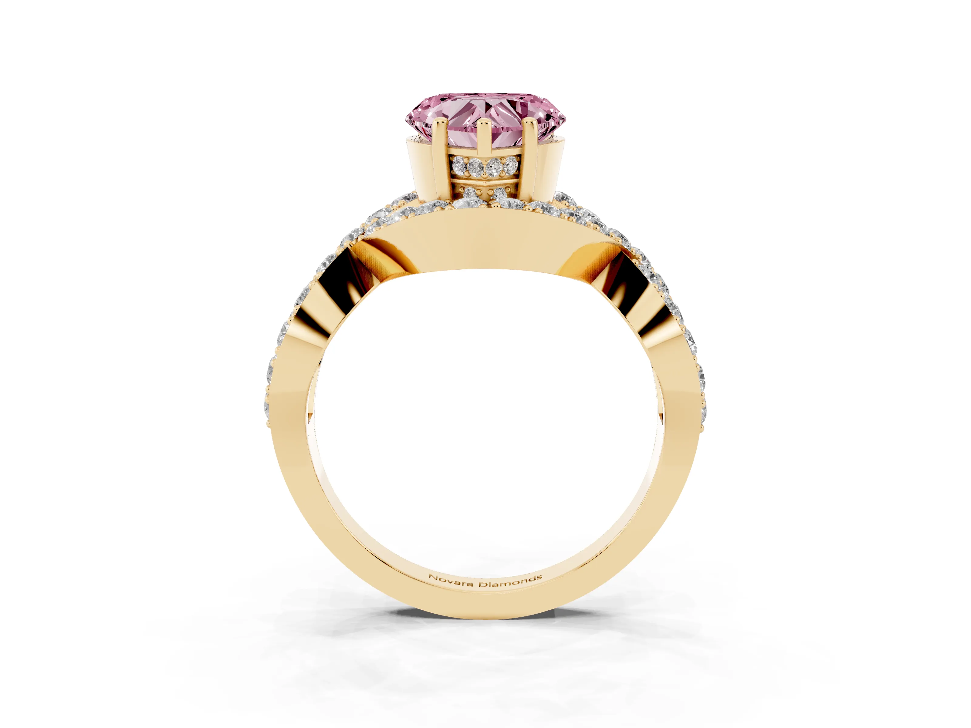 Fancy Pink Heart Cut Diamond Solitaire Twist Band Pavé Engagement Ring Set in Yellow gold