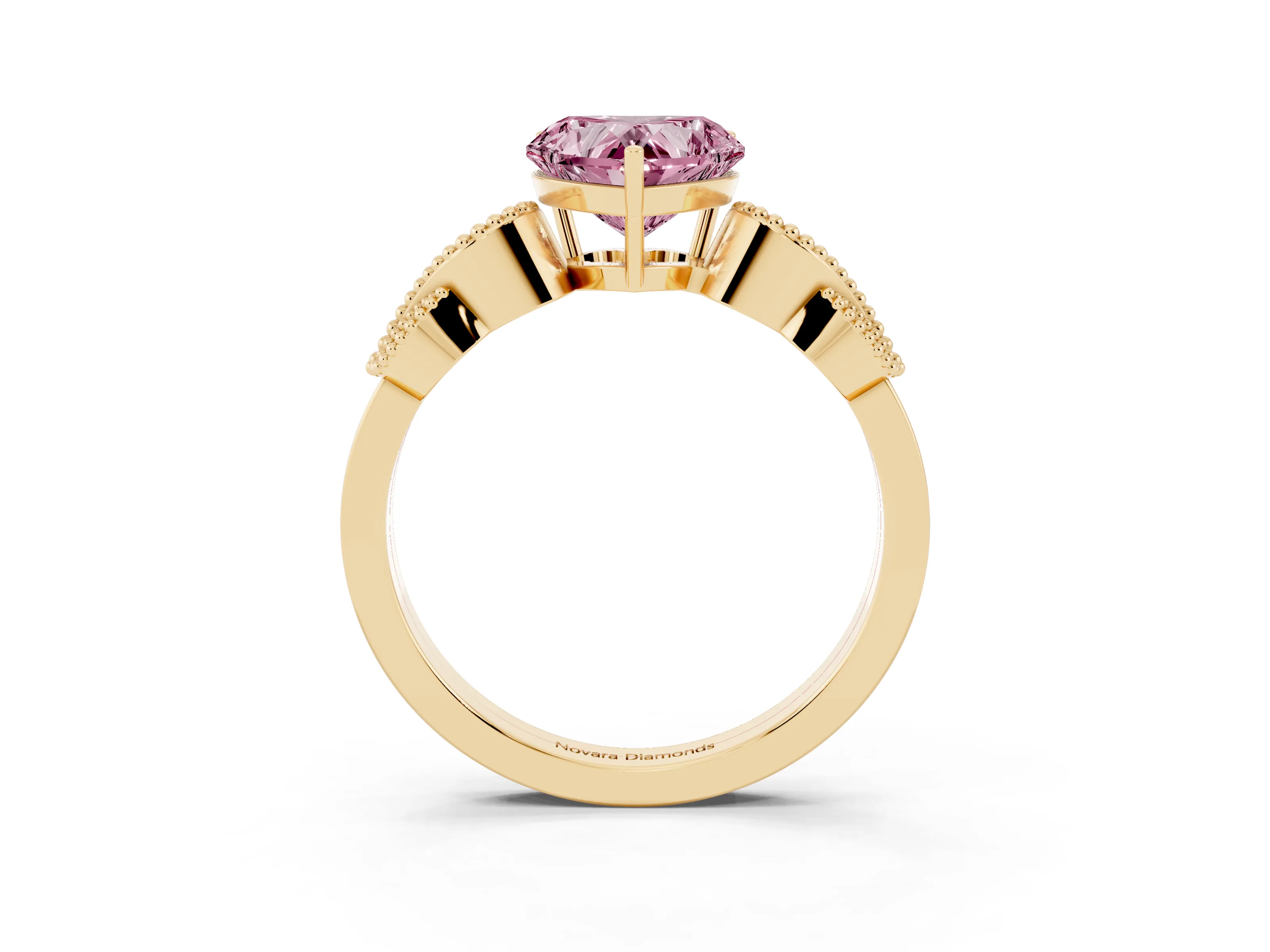 Fancy Pink Heart Cut Diamond Milgrain Leaf Band Solitaire Ring Set in Yellow gold with Accent Stones and Prong Setting