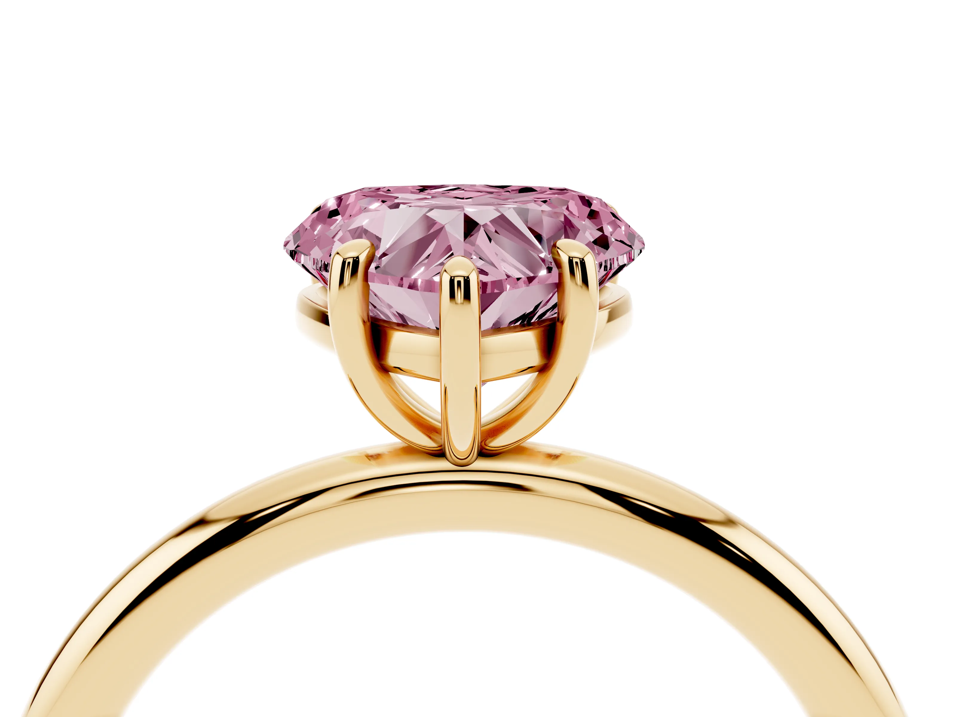 Fancy Pink Heart Cut Diamond Solitaire Ring Set in Yellow gold with Prong Setting on a Polished Plain Band