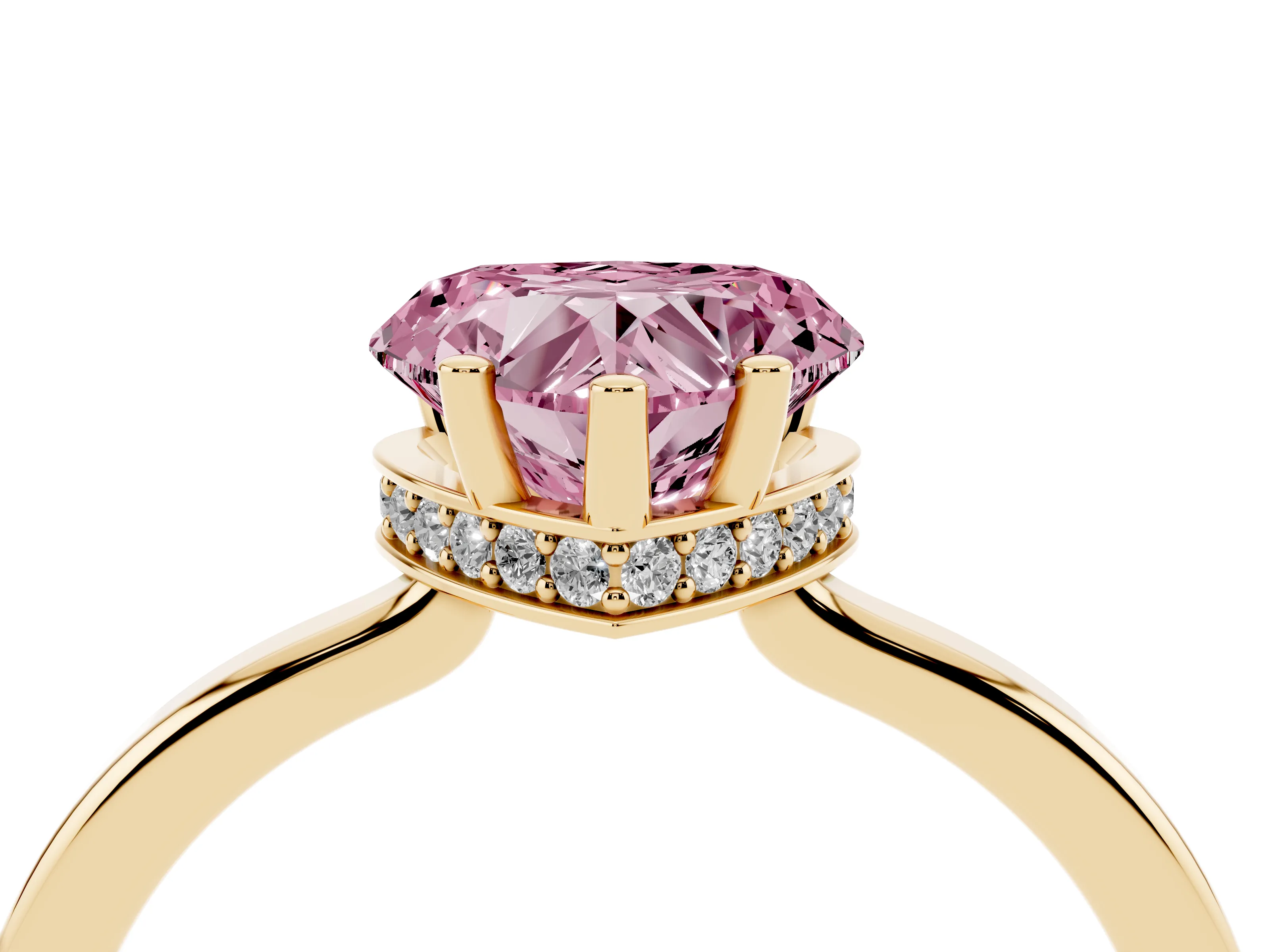 Fancy Pink Heart Cut Diamond Solitaire Engagement Ring Set in Yellow gold with Prong Setting on a Plain Band