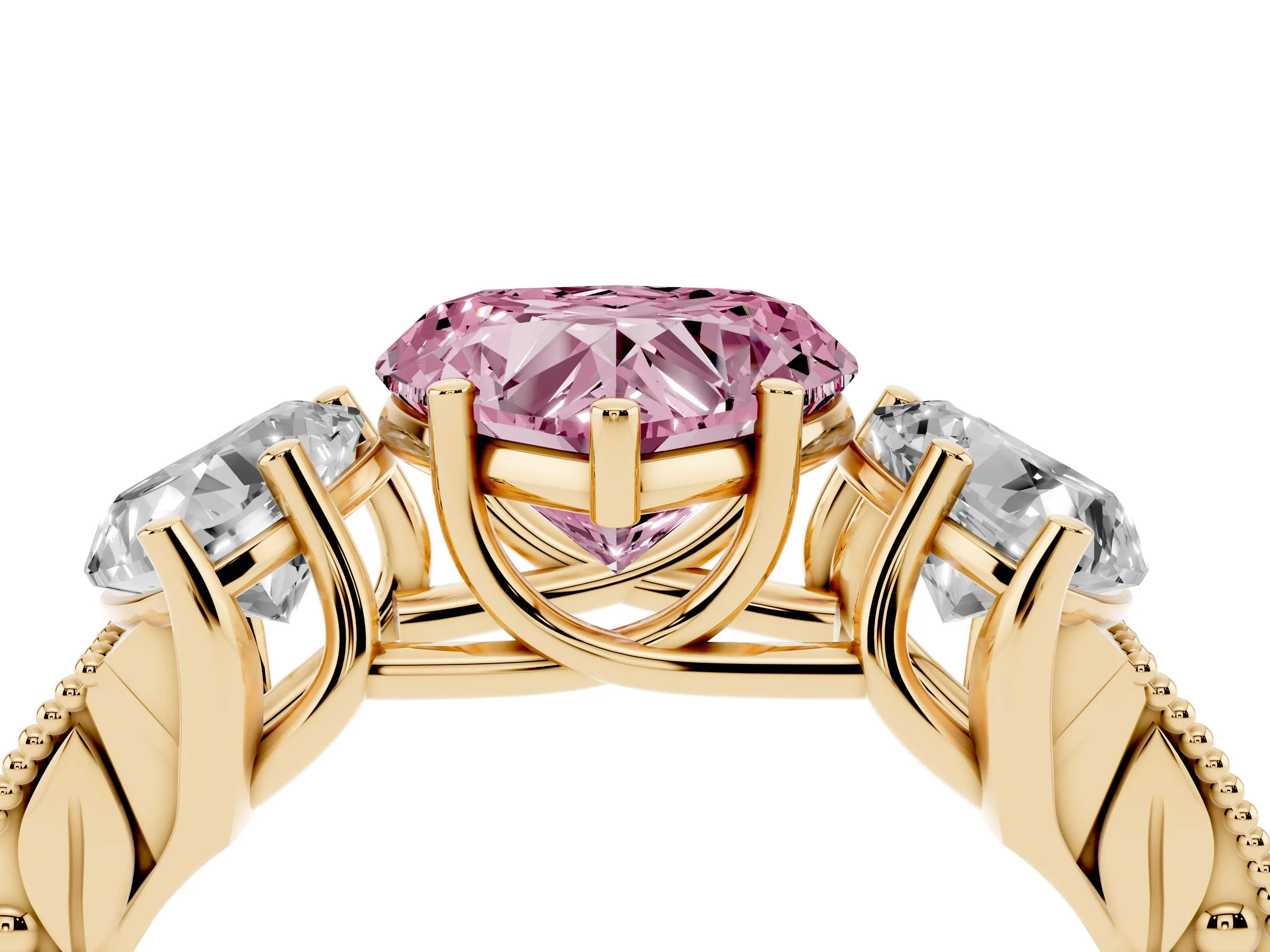 Fancy Pink Heart Cut Diamond Three-Stone Engagement Ring Set in Yellow gold with Milgrain Pavé Band