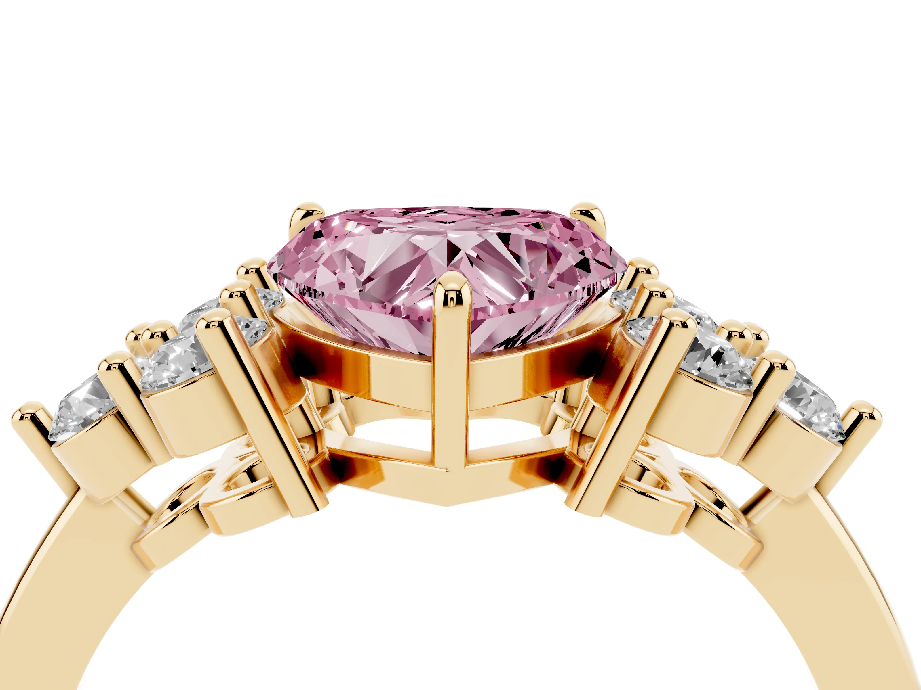 Fancy Pink Heart Cut Diamond Solitaire Ring Set in Yellow gold with Cluster Accents on Each Side