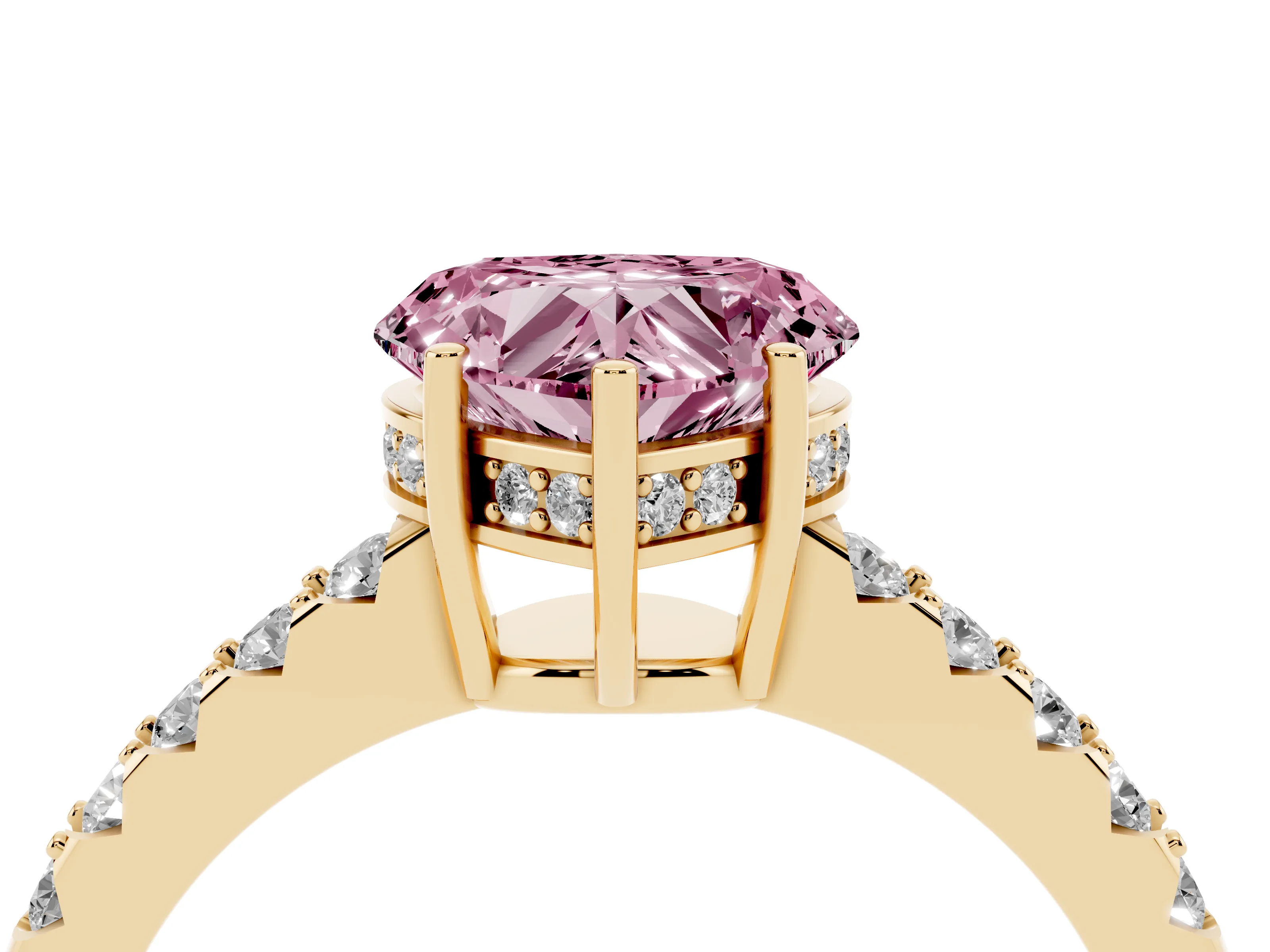 Fancy Pink Heart Cut Diamond Solitaire Engagement Ring Set in Yellow gold with Pavé Band and Prong Setting