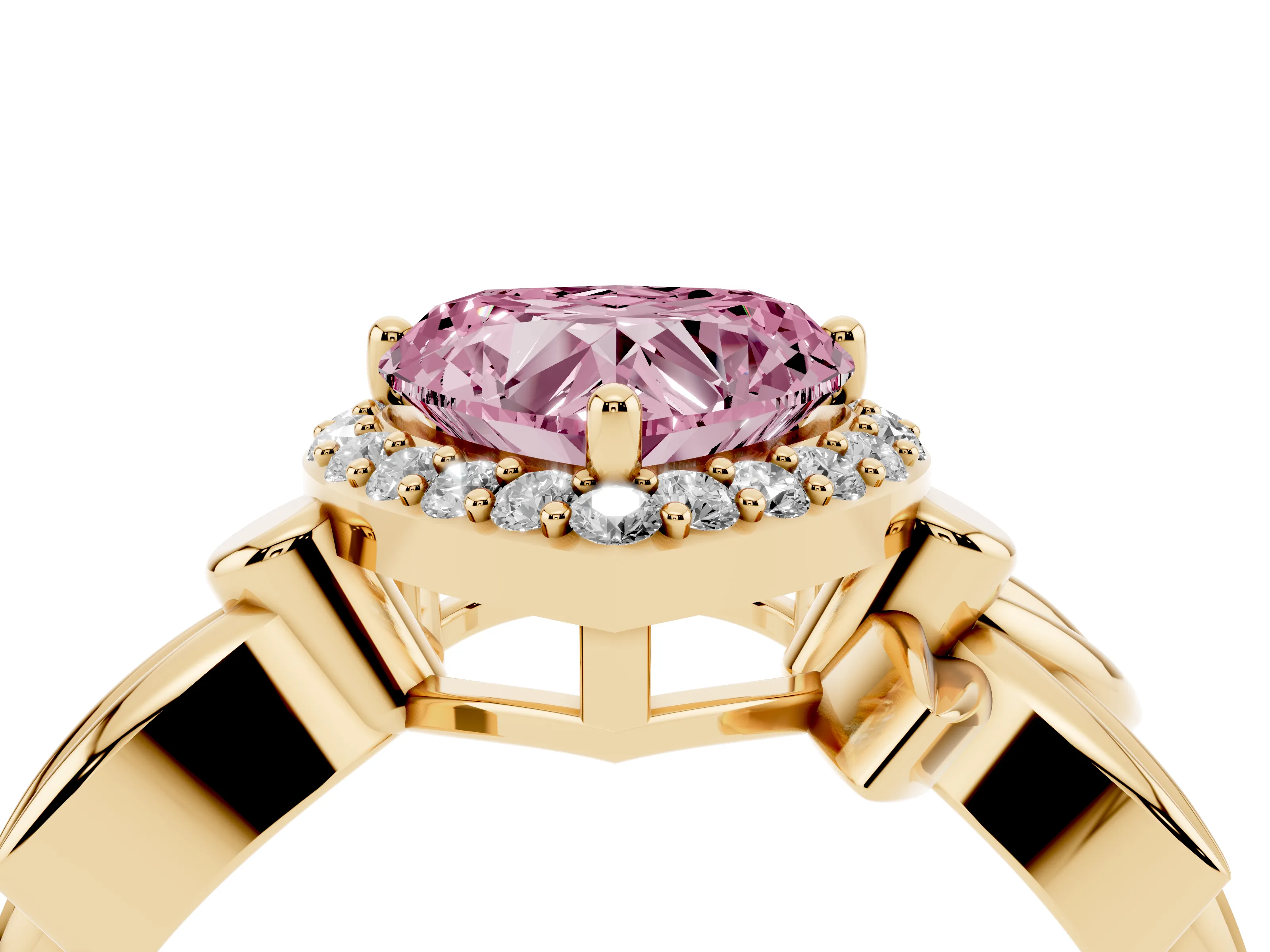 Fancy Pink Heart Cut Diamond Halo Floral Band Ring Set in Yellow gold with Prong Setting