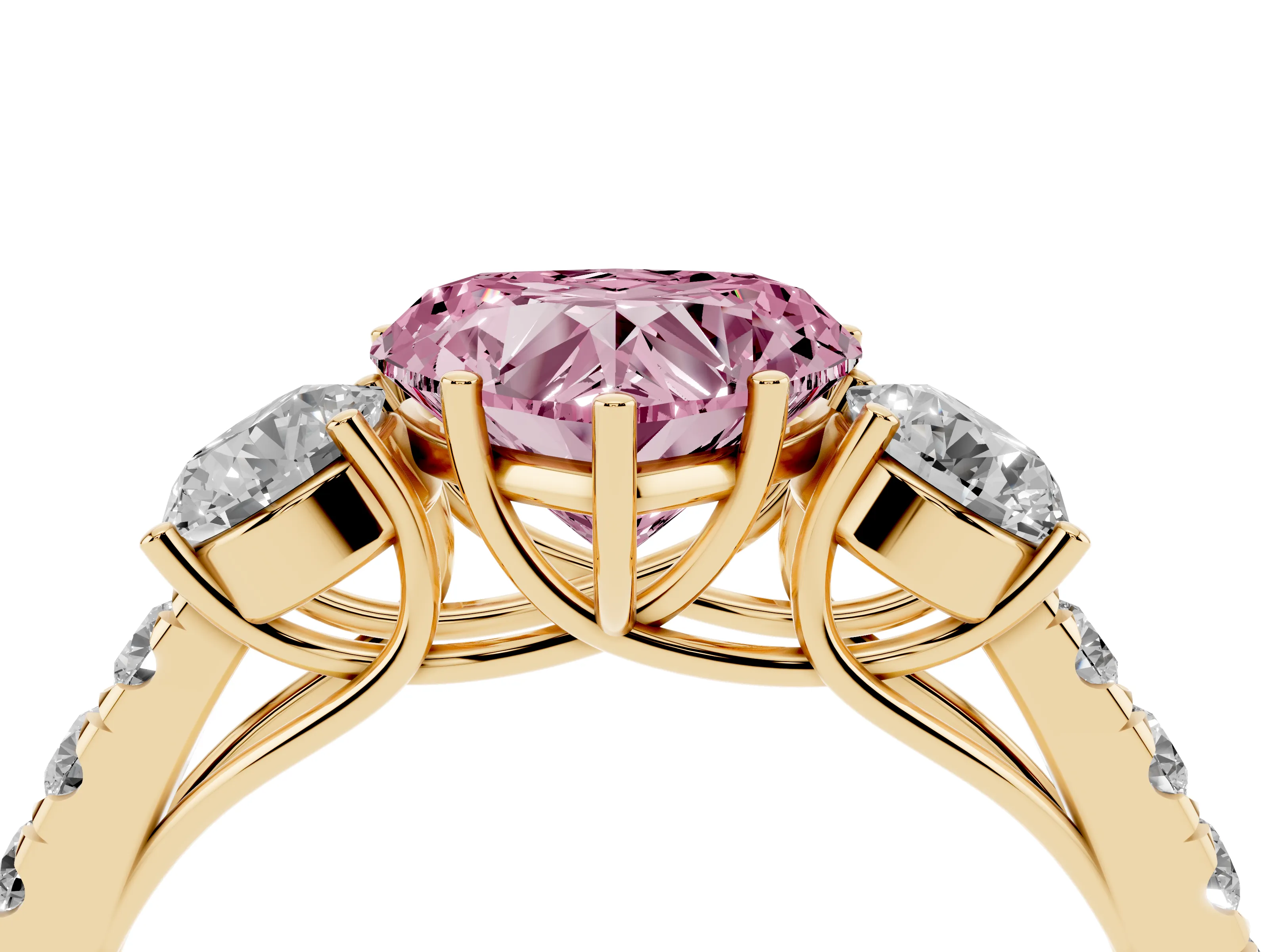 Fancy Pink Heart Cut Diamond Three-Stone Ring Set in Yellow gold with Round Side Stones and Delicate Pavé Band
