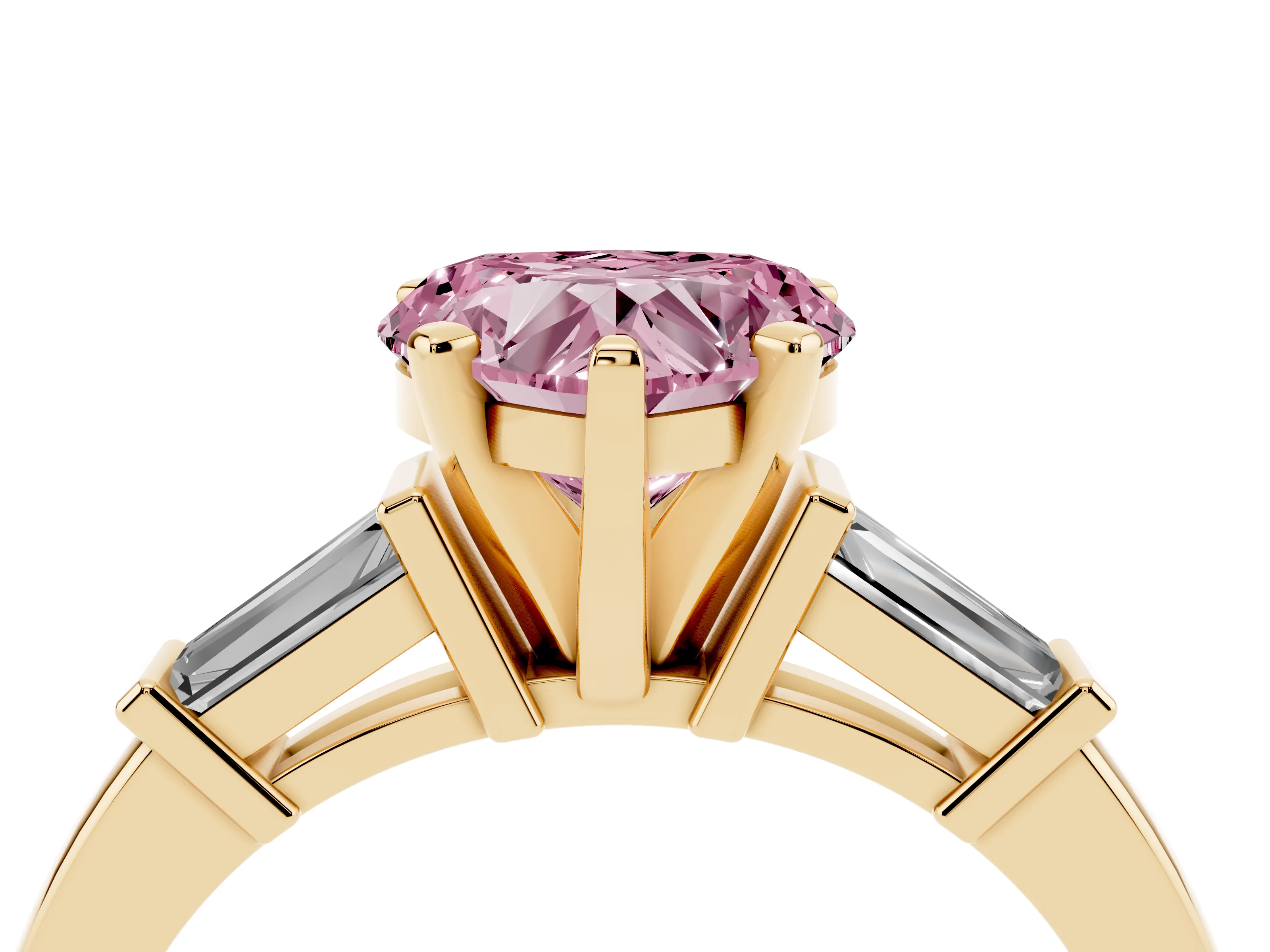Fancy Pink Heart Cut Diamond Solitaire Ring Set in Yellow gold with Tapered Baguette Accents and Prong Setting