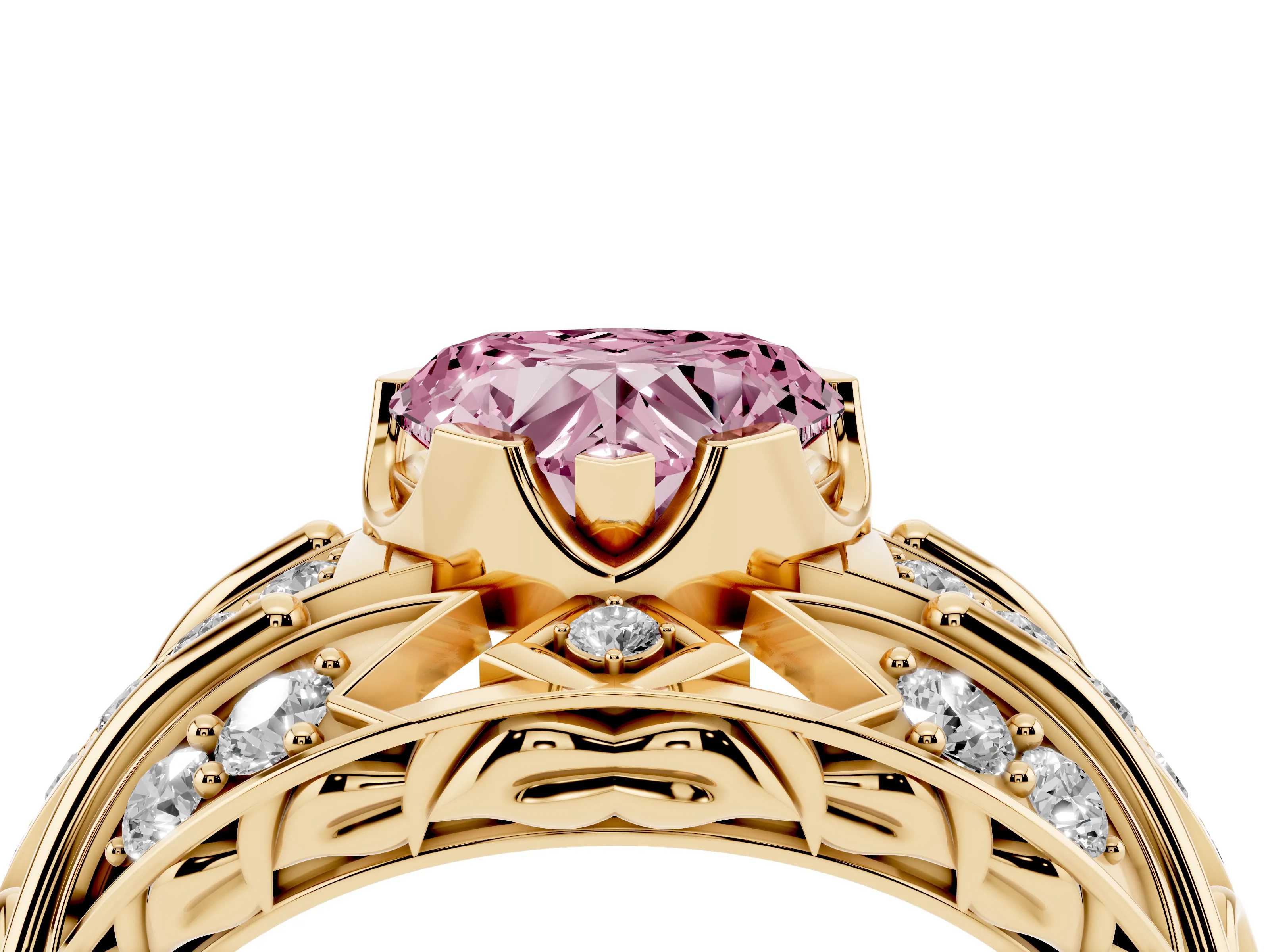 Fancy Pink Heart Cut Diamond Art Deco Ring Set in Yellow gold with Pavé Split Shank