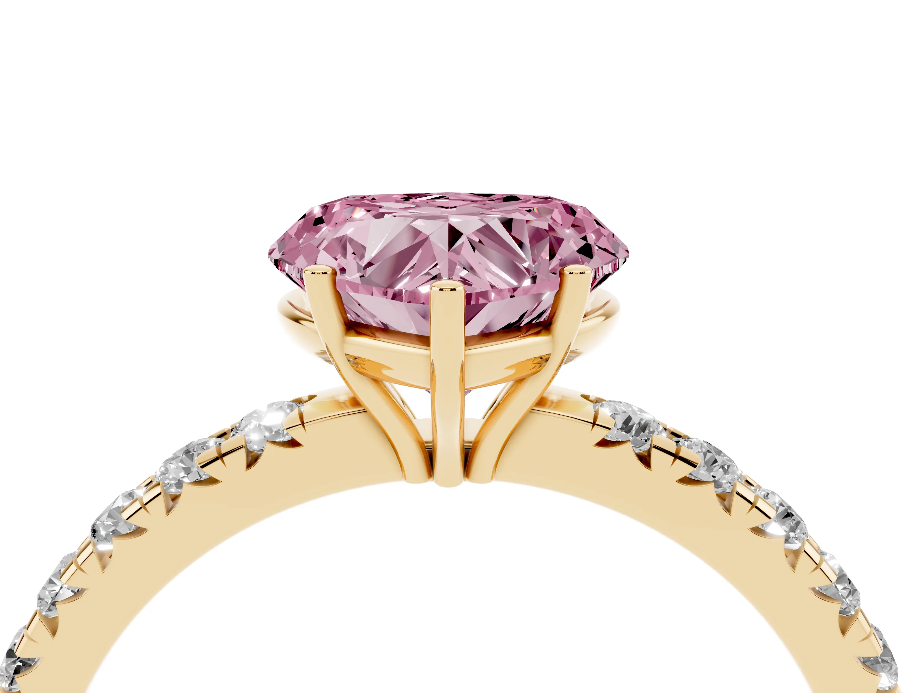 Fancy Pink Heart Cut Diamond Pavé Solitaire Engagement Ring Set in Yellow gold with Prong Setting