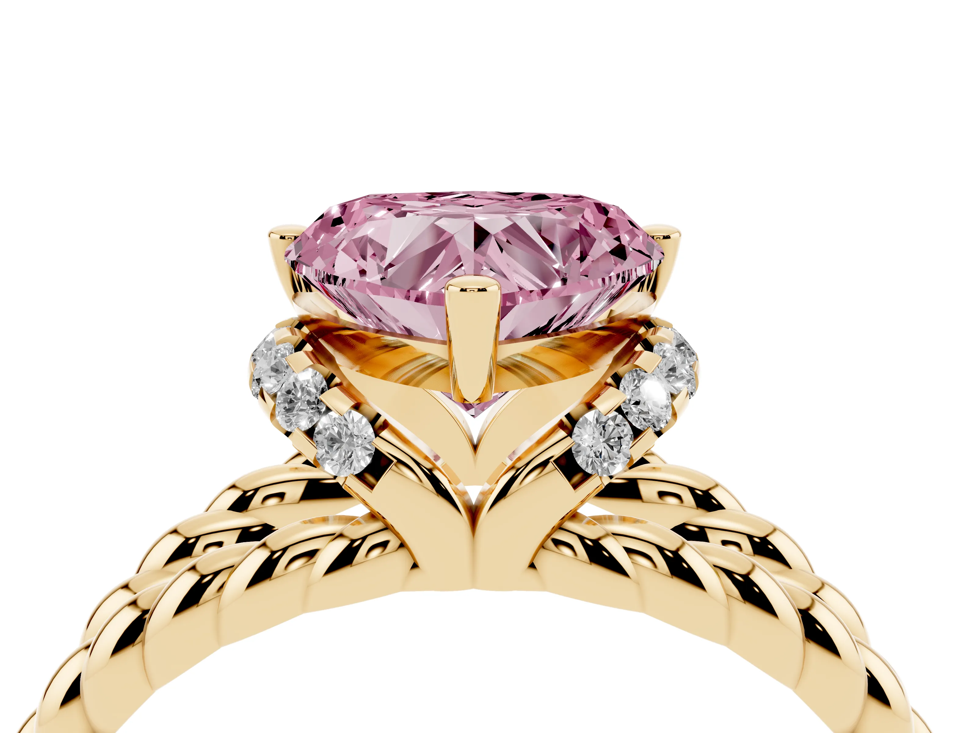 Fancy Pink Heart Cut Diamond Halo Ring Set in Yellow gold with Twisted Band and Prong Setting
