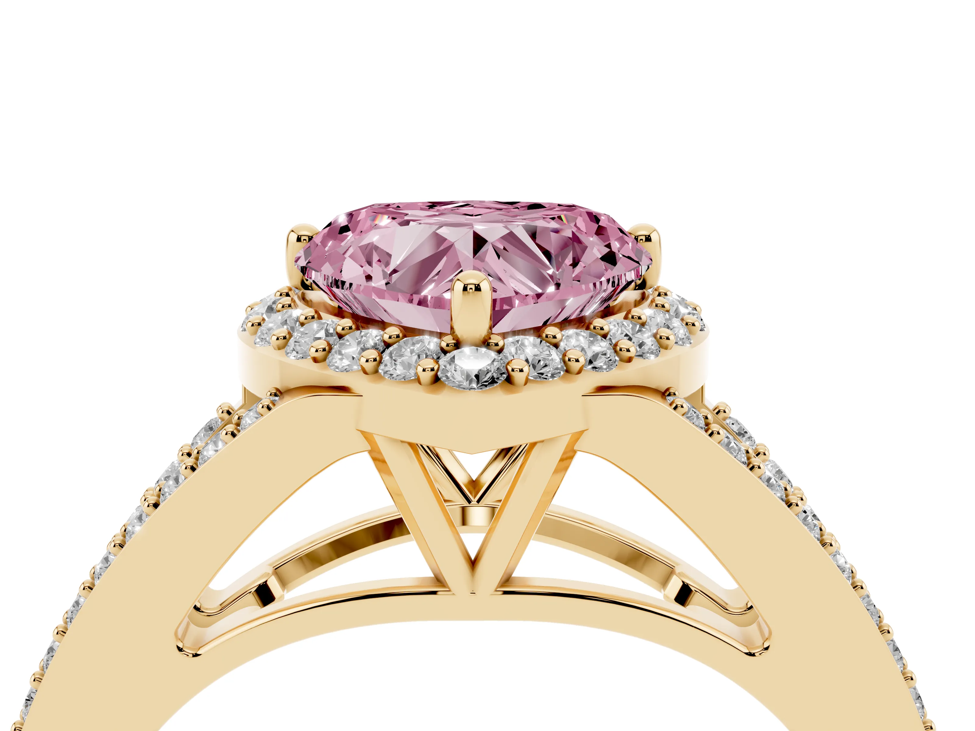Fancy Pink Heart Cut Diamond Halo Split Shank Pavé Ring Set in Yellow gold with Prong Setting