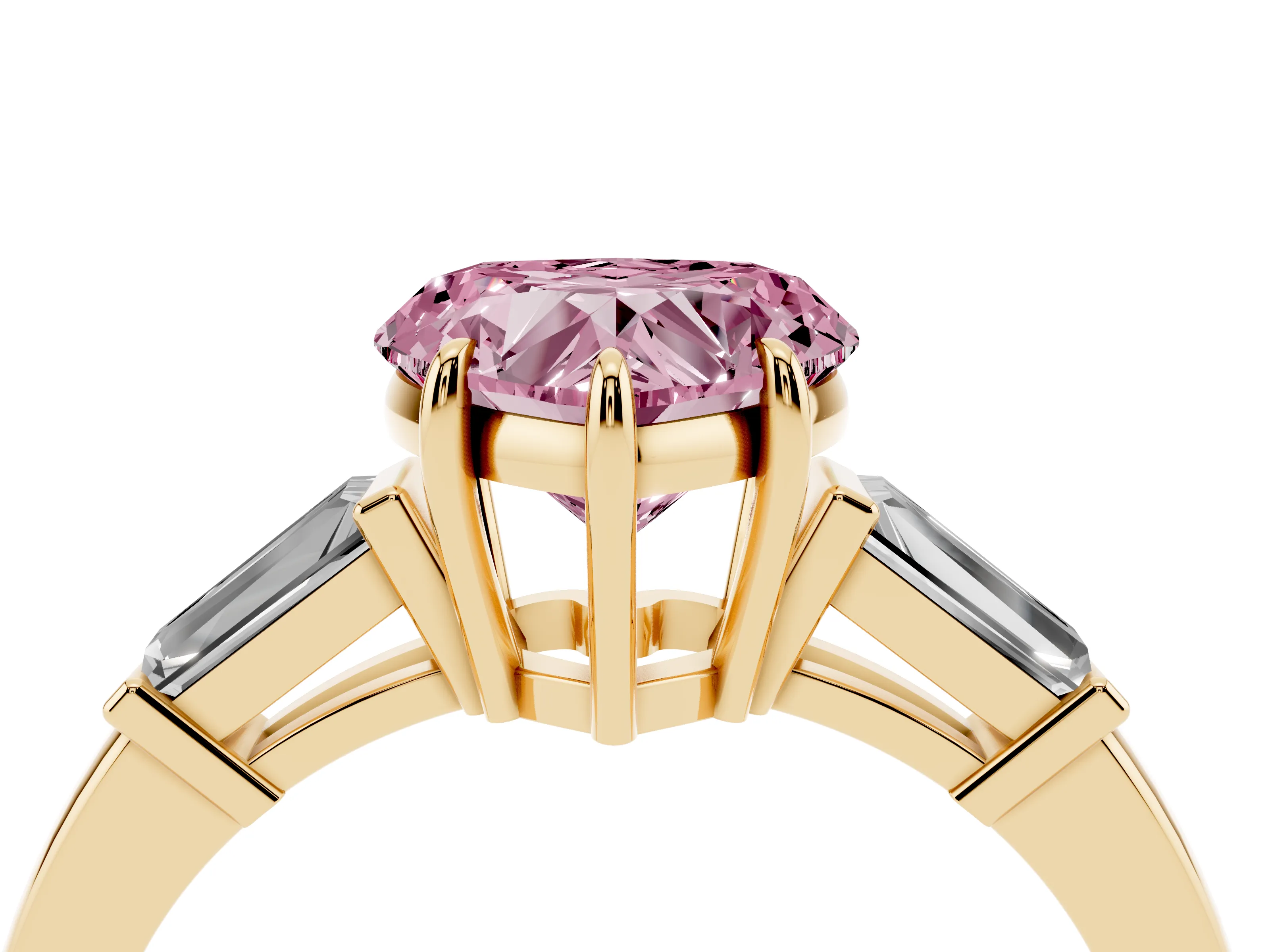 Fancy Pink Heart Cut Diamond Three-Stone Ring Set in Yellow gold with Tapered Baguette Side Stones and Prong Setting