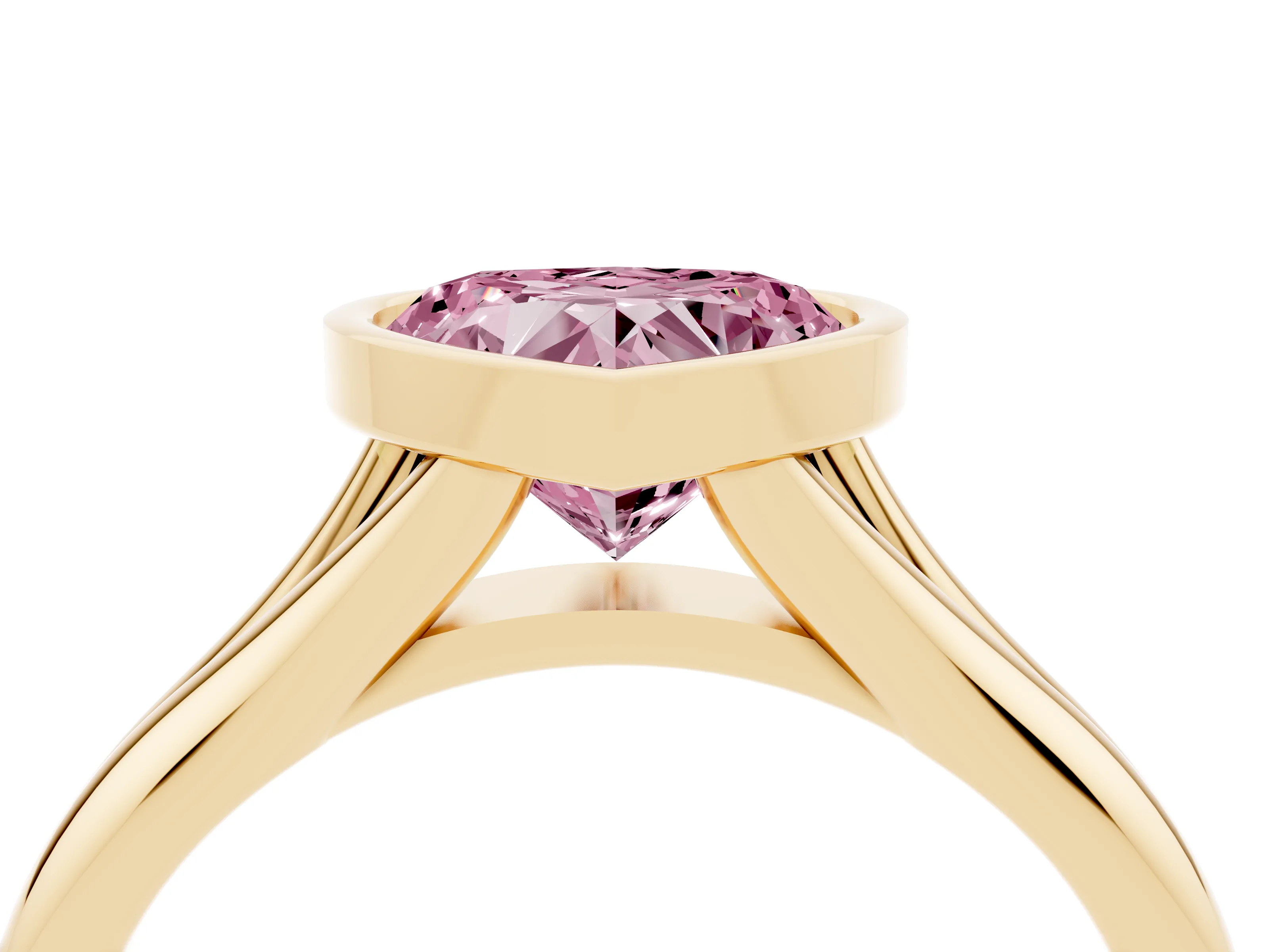 Fancy Pink Bezel Set Heart Cut Diamond Solitaire Ring Set in Yellow gold with Smooth Band