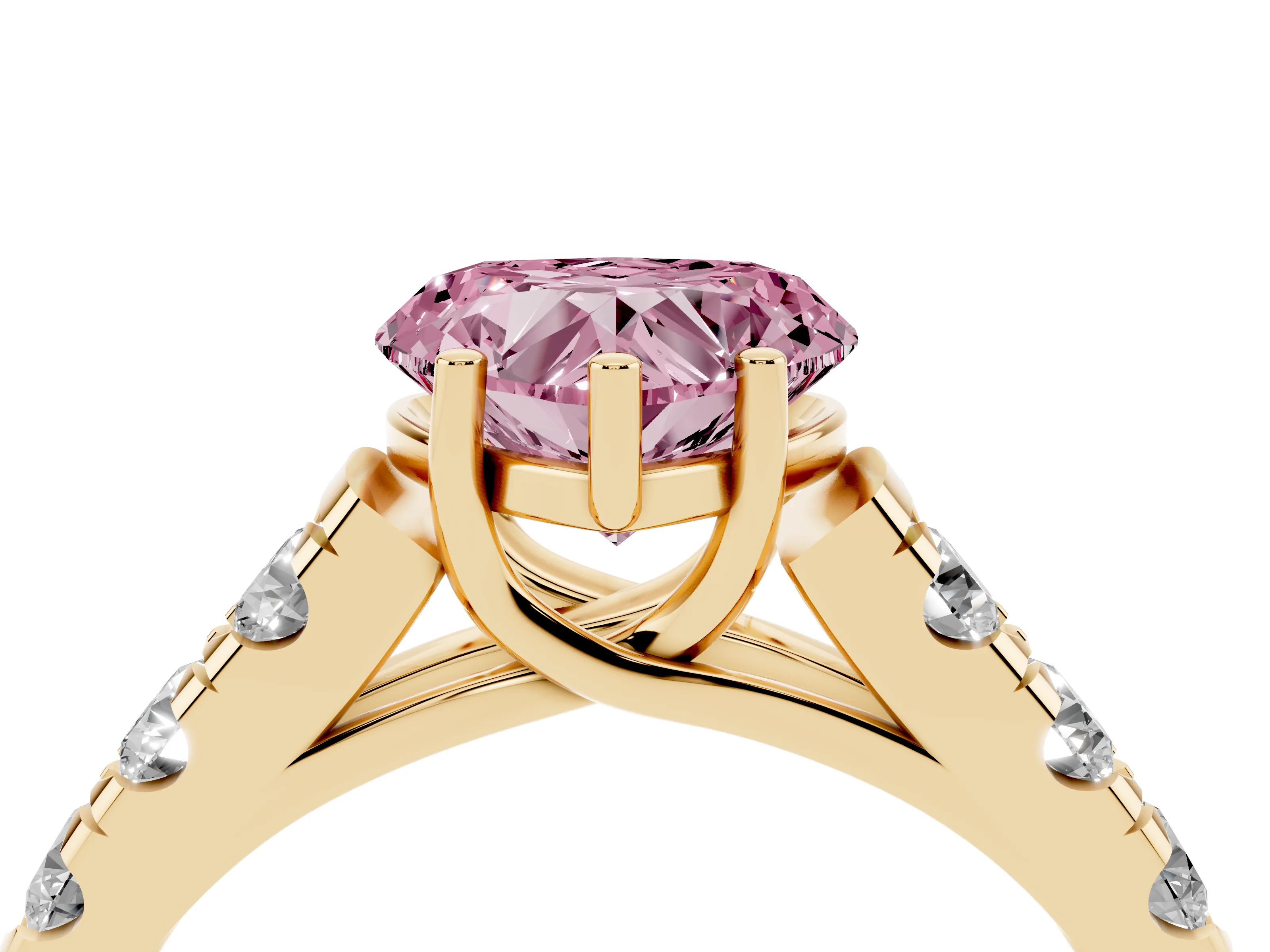 Fancy Pink Heart Cut Diamond Solitaire Ring Set in Yellow gold with Cut-Down Micro Pavé Band and Prong Setting