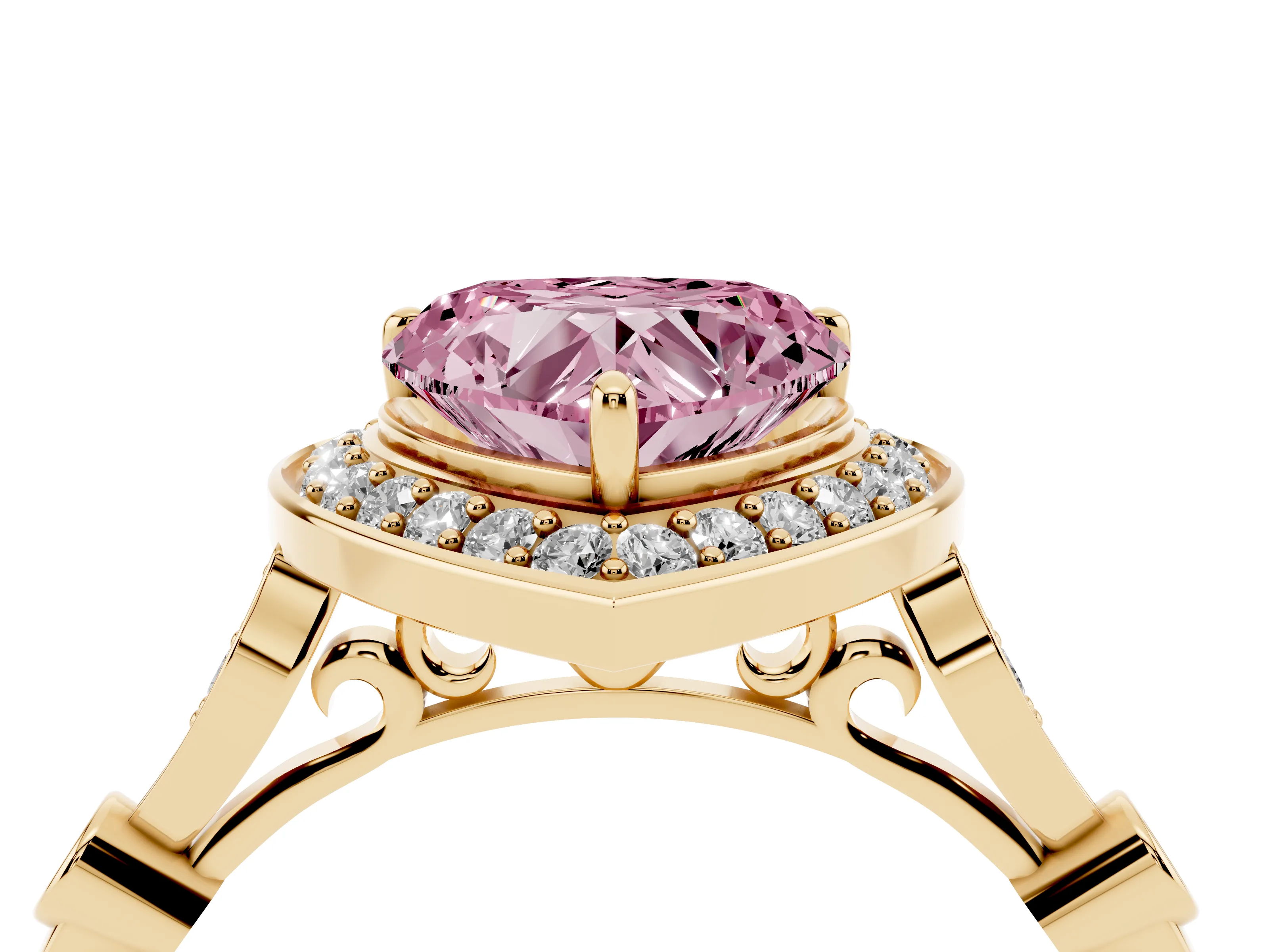 Fancy Pink Heart Cut Diamond Halo Engagement Ring Set in Yellow gold with Twisted Band and Prong Setting