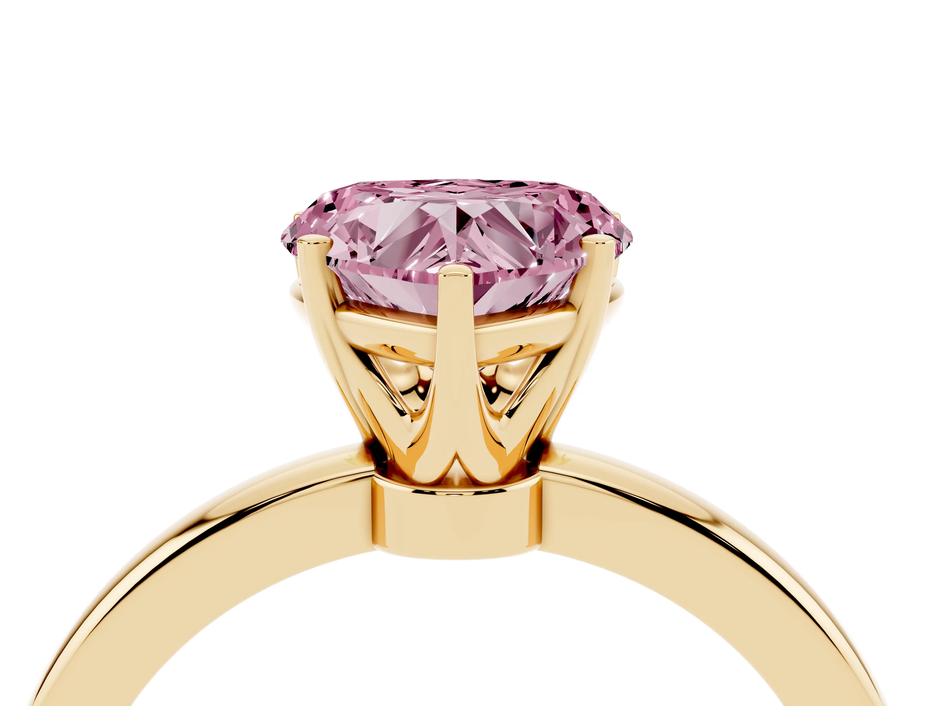 Fancy Pink Heart Cut Diamond Solitaire Ring Set in Yellow gold with Raised Prong Setting on a Classic Band
