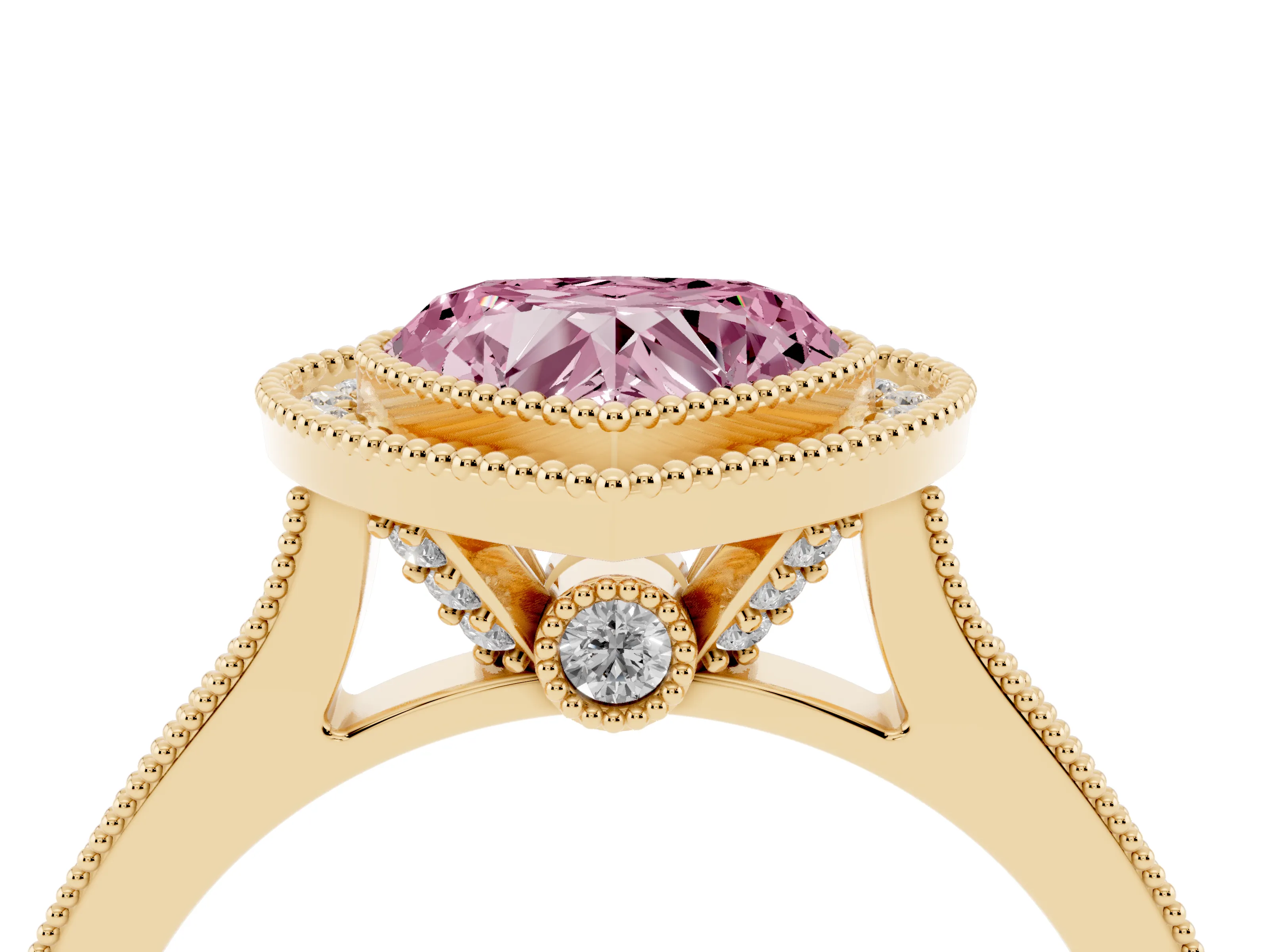 Fancy Pink Heart Cut Diamond Halo Milgrain Pavé Band Ring Set in Yellow gold with Prong Setting