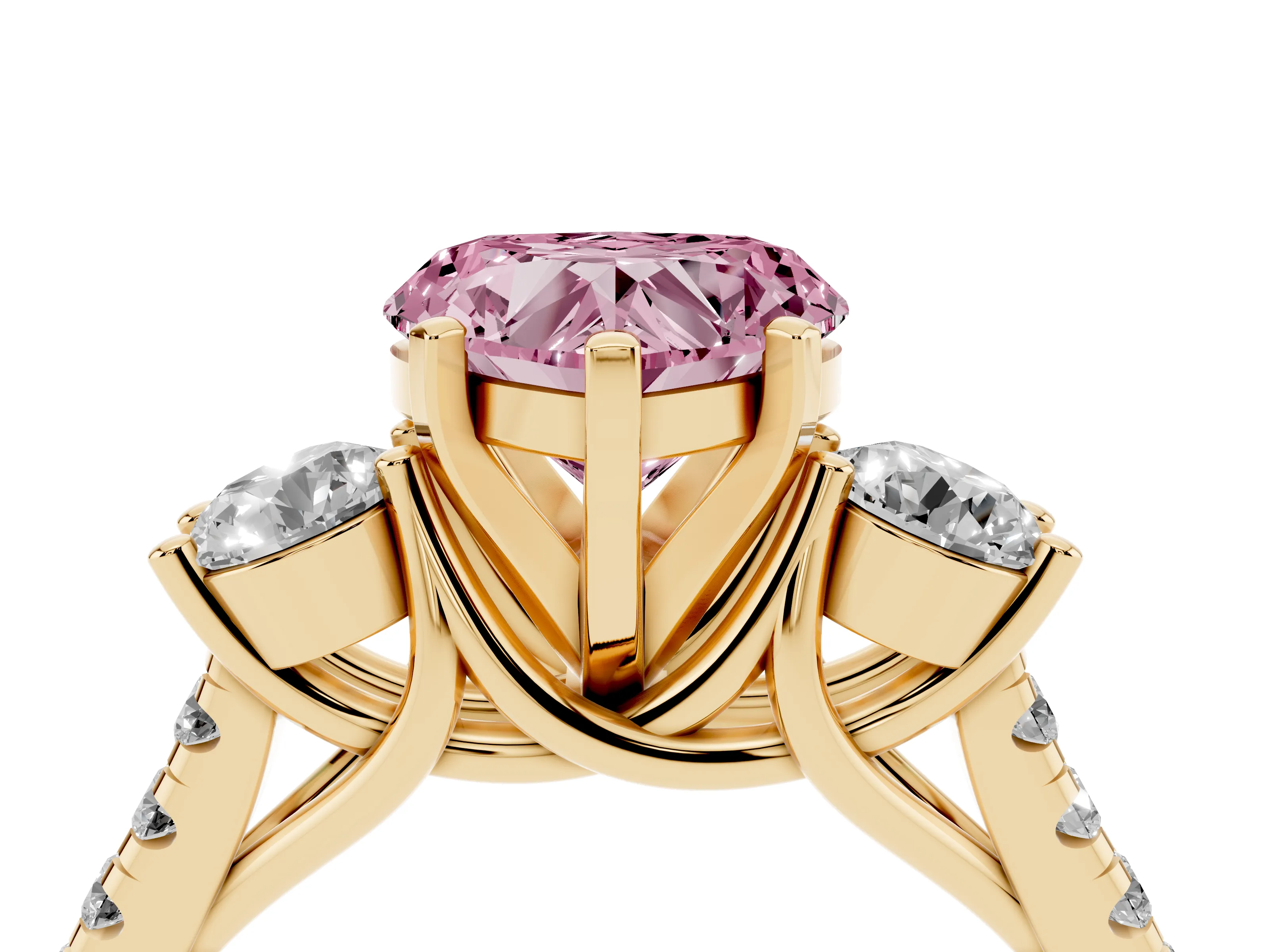 Fancy Pink Three-Stone Heart Cut Diamond Pavé Band Ring Set in Yellow gold with Prong-Set Trio